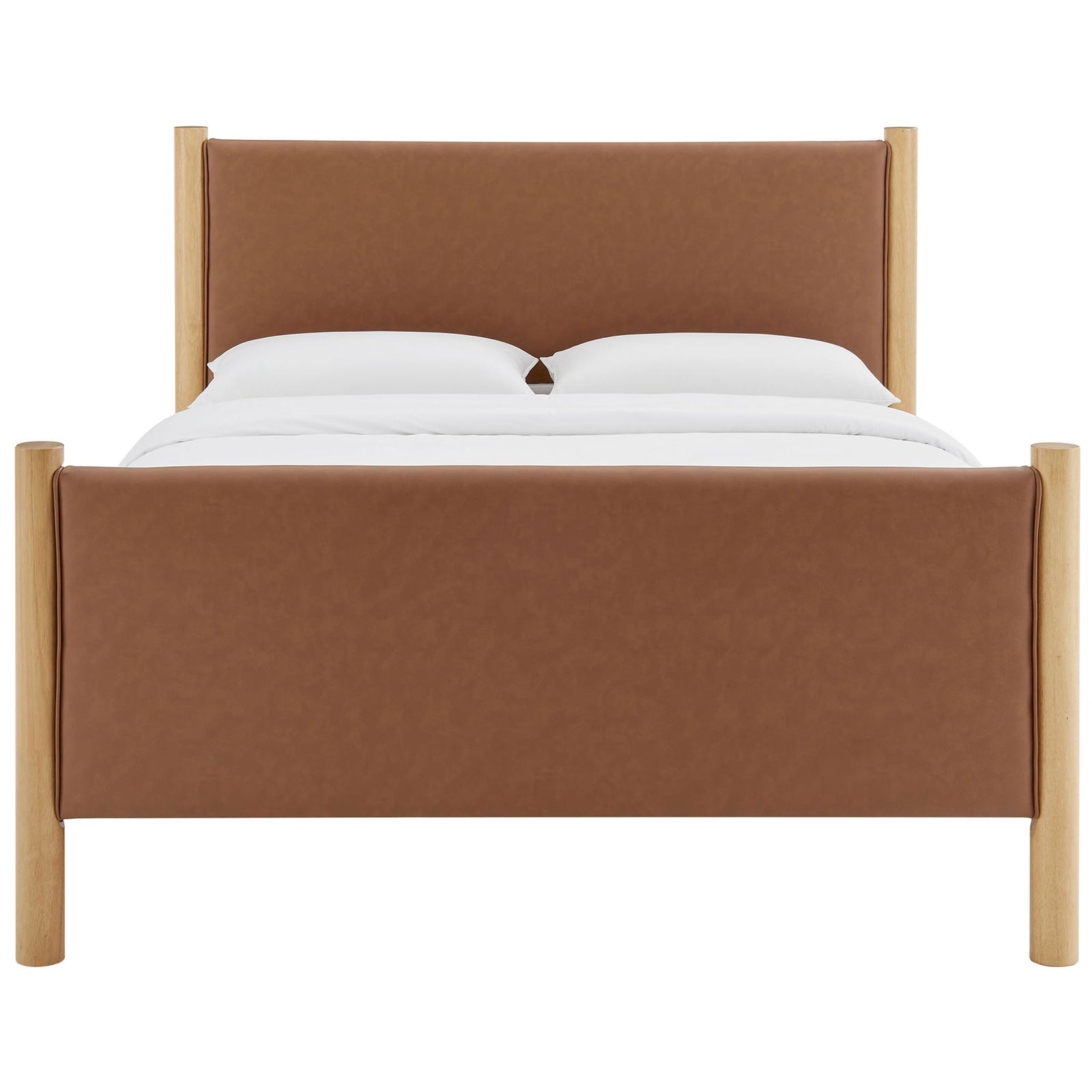 Tan vegan leather panels and solid oak frame create a warm, modern platform bed with rounded posts || MOD-7190-TAN-OAK || front_studio