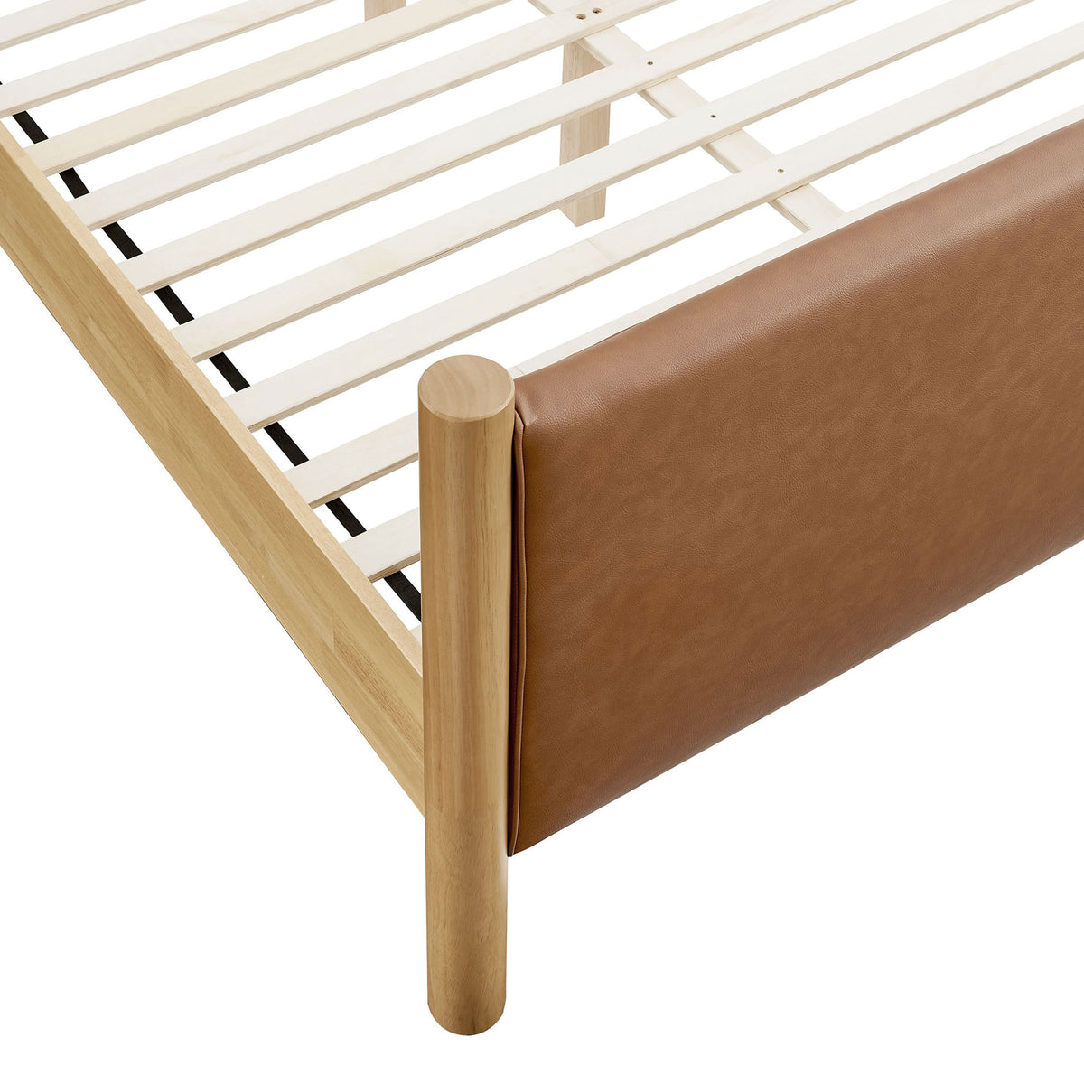 Rounded oak leg meets the upholstered footboard with neat stitching and durable wood slat support || MOD-7190-TAN-OAK || detail_studio