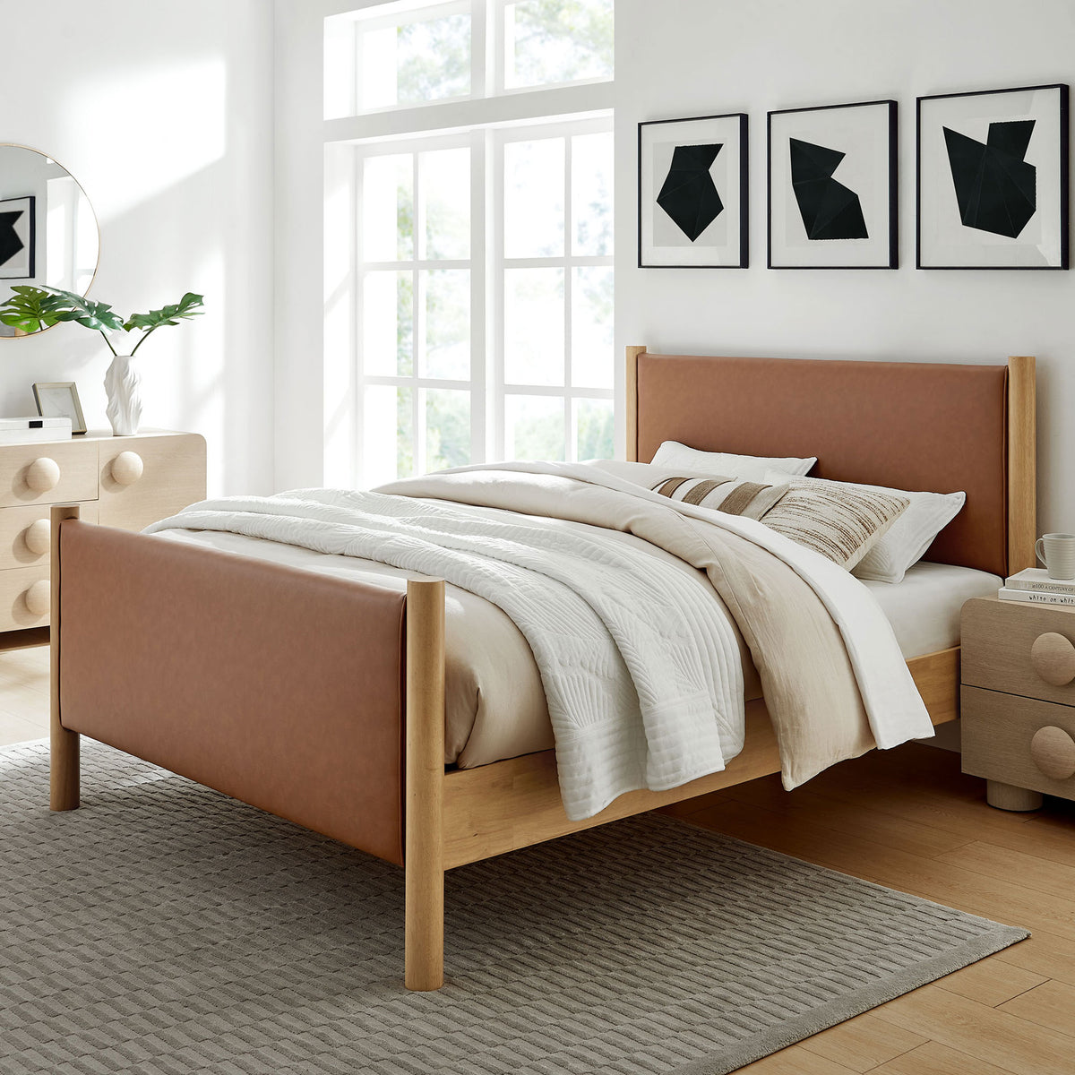 Warm tan vegan leather and oak frame bring inviting, contemporary style to your space || MOD-7190-TAN-OAK || front_angle_room