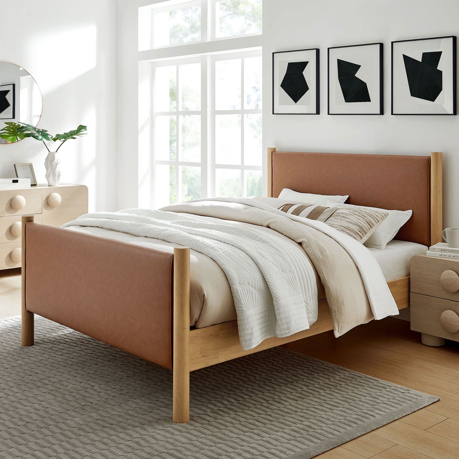 Warm tan vegan leather and oak frame bring inviting, contemporary style to your space || MOD-7190-TAN-OAK || front_angle_room