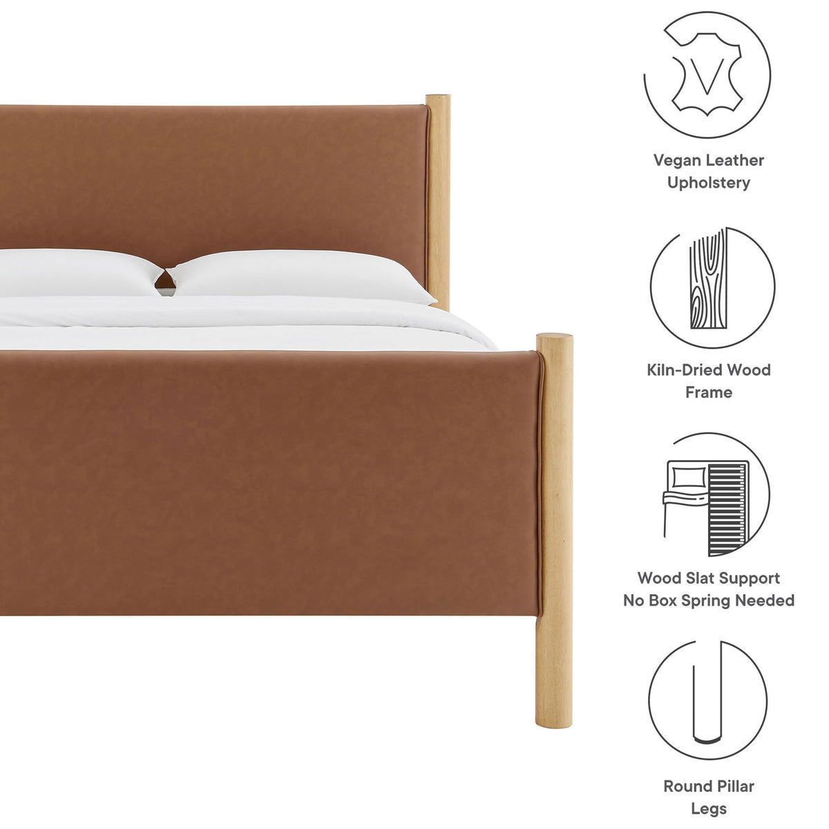 Key features include vegan leather upholstery, kiln-dried wood frame, wood slat support, and round legs || MOD-7190-TAN-OAK || callout_studio