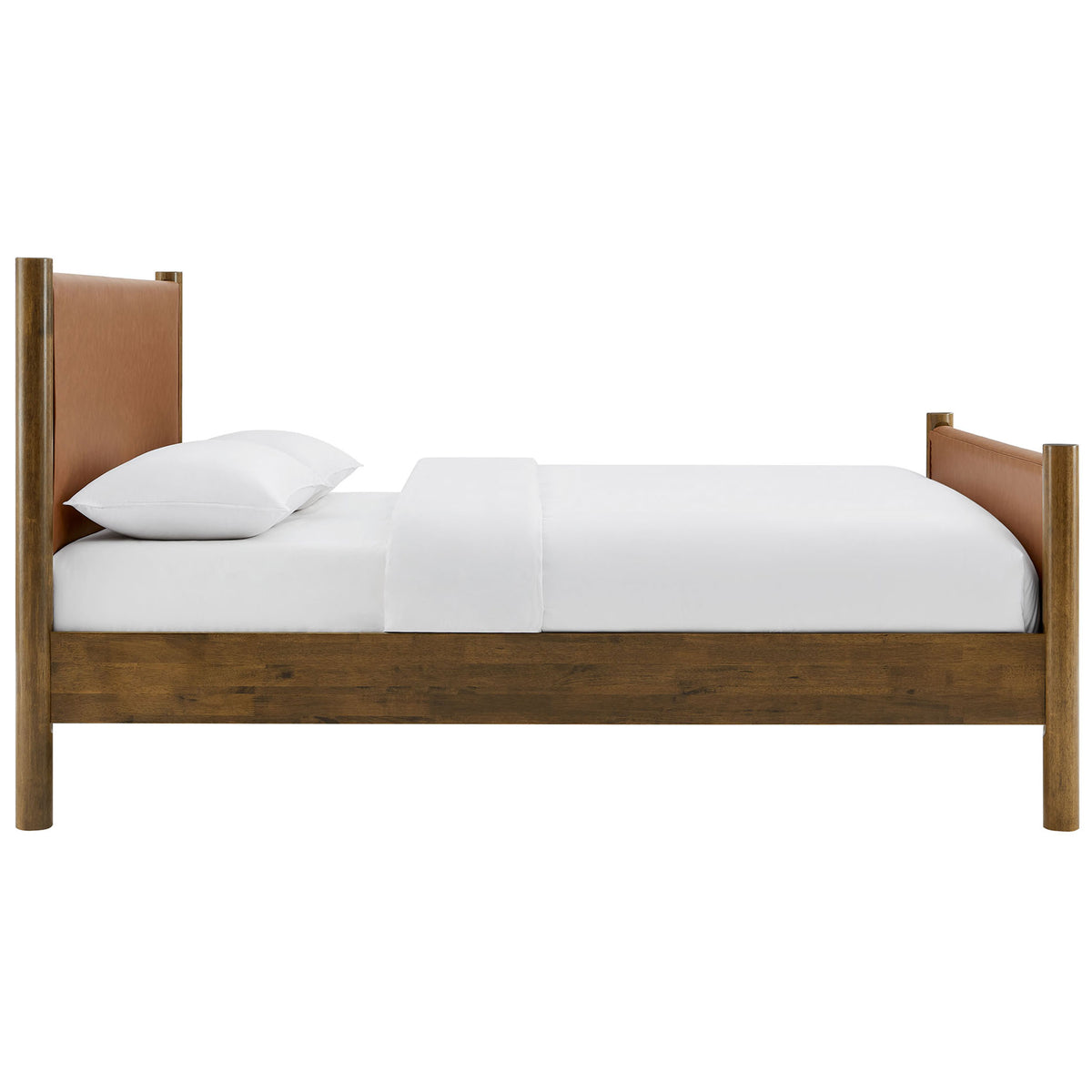 Streamlined profile showcases cushioned vegan leather panels and rich walnut wood frame. || MOD-7190-TAN-WAL || side_studio