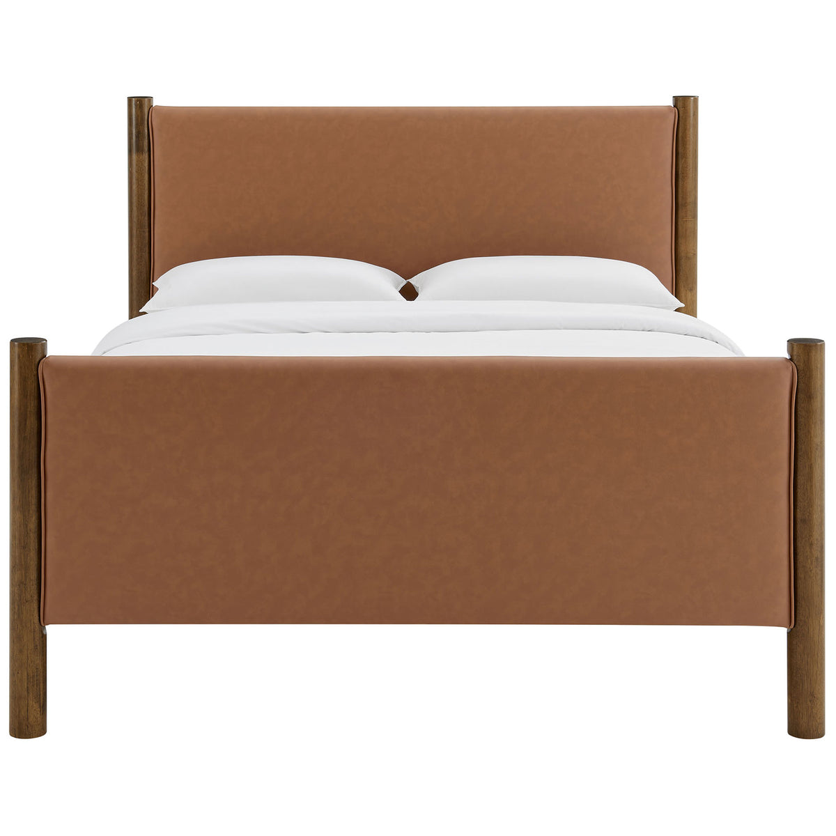 Clean-lined platform bed with tan vegan leather footboard and headboard framed in walnut wood. || MOD-7190-TAN-WAL || front_studio