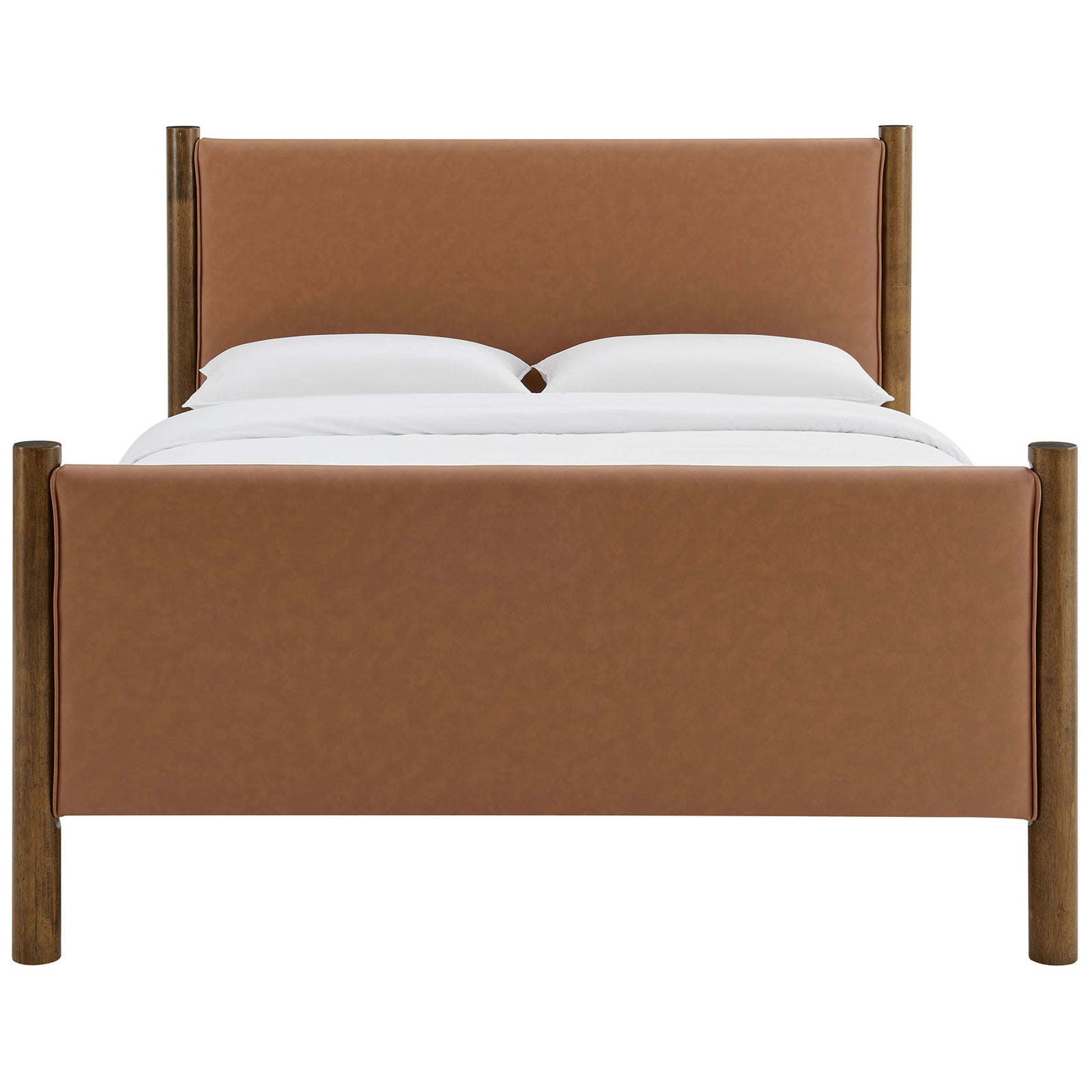 Clean-lined platform bed with tan vegan leather footboard and headboard framed in walnut wood. || MOD-7190-TAN-WAL || front_studio