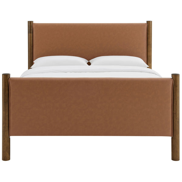 Clean-lined platform bed with tan vegan leather footboard and headboard framed in walnut wood. || MOD-7190-TAN-WAL || front_studio