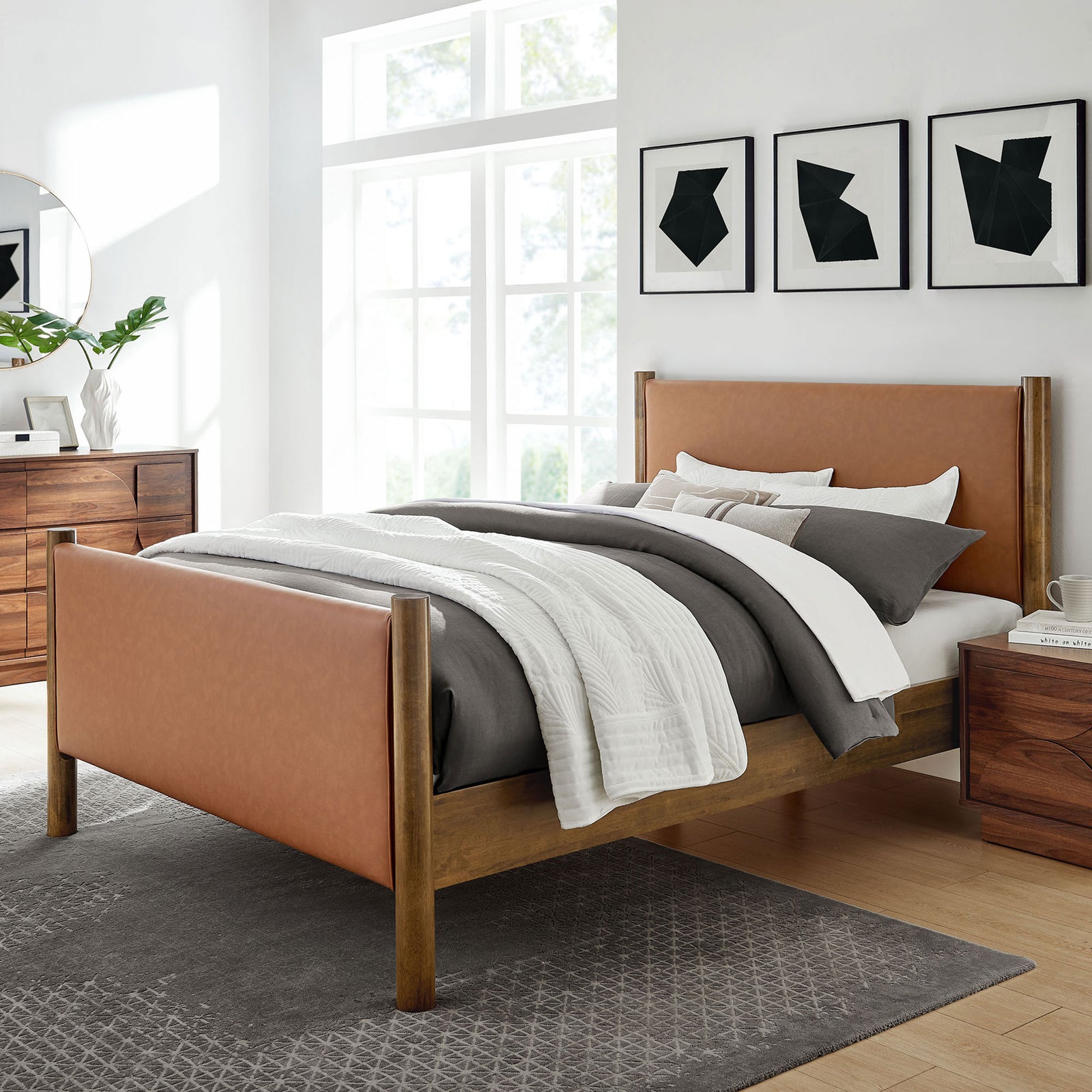 Modern platform bed pairs tan vegan leather panels with a walnut wood frame for inviting warmth. || MOD-7190-TAN-WAL || front_angle_room