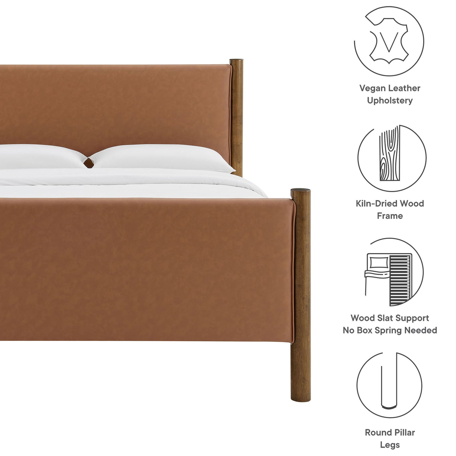 Vegan leather upholstery, kiln-dried wood frame, and wood slat support with round pillar legs. || MOD-7190-TAN-WAL || callout_studio