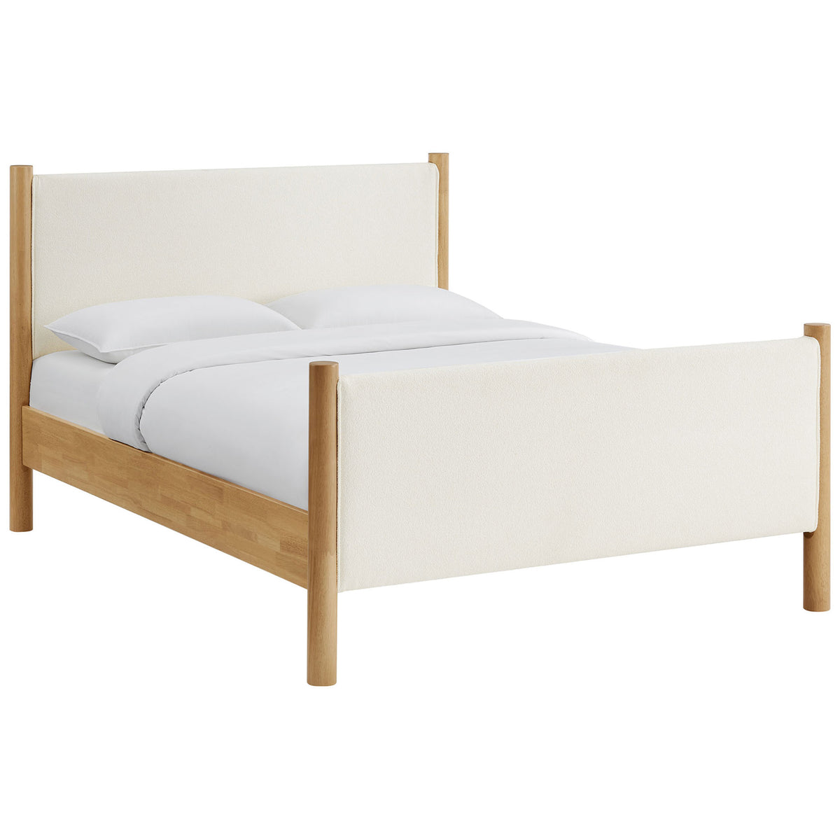 Textured boucle headboard and footboard meet a warm feather oak frame for a timeless, airy look || MOD-7191-FEA-OAK || front_angle_studio