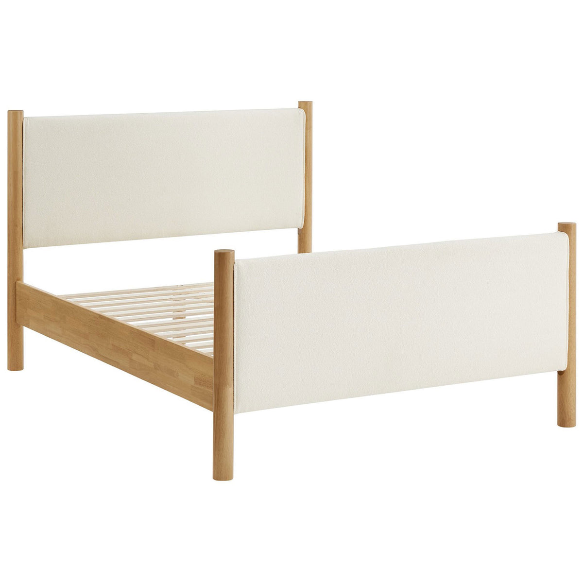 Wood slat platform supports your mattress without a box spring, framed by boucle panels and wood posts || MOD-7191-FEA-OAK || front_angle_studio