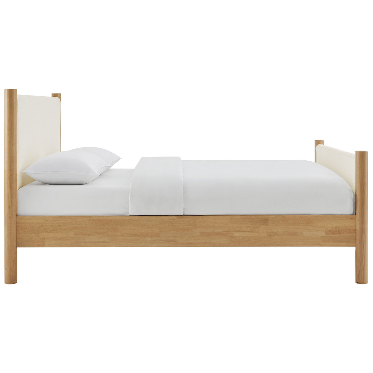 Sleek low-profile side view showcases the solid wood rails and plush boucle panels || MOD-7191-FEA-OAK || side_studio