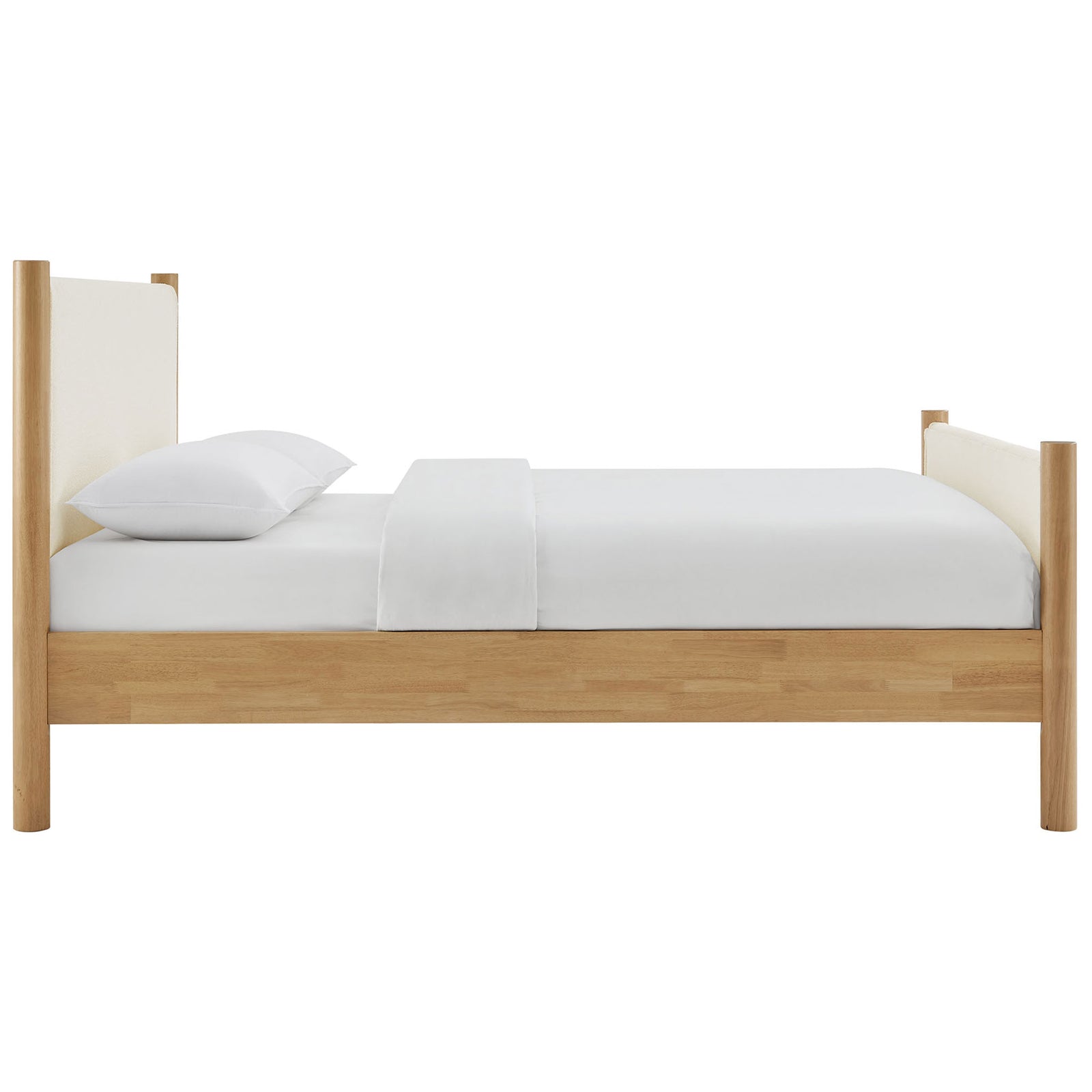 Sleek low-profile side view showcases the solid wood rails and plush boucle panels || MOD-7191-FEA-OAK || side_studio