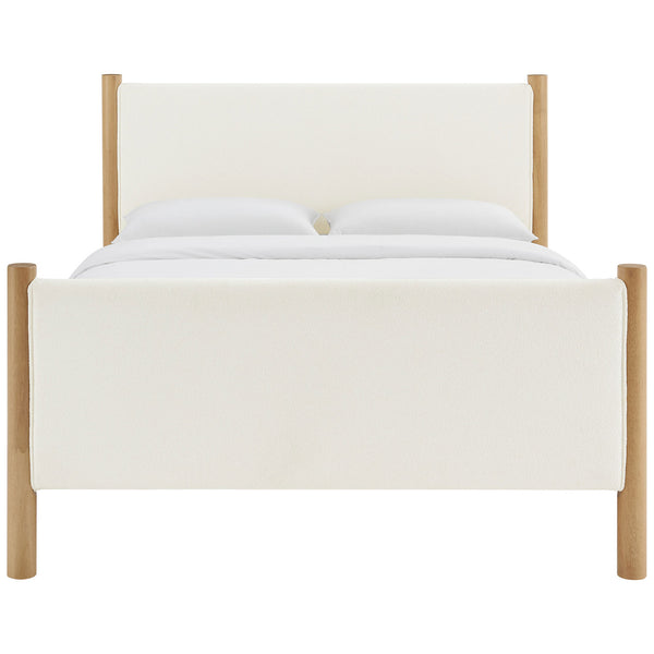 Cozy ivory boucle panels and round wood posts create a clean, modern bed with inviting warmth || MOD-7191-FEA-OAK || front_studio