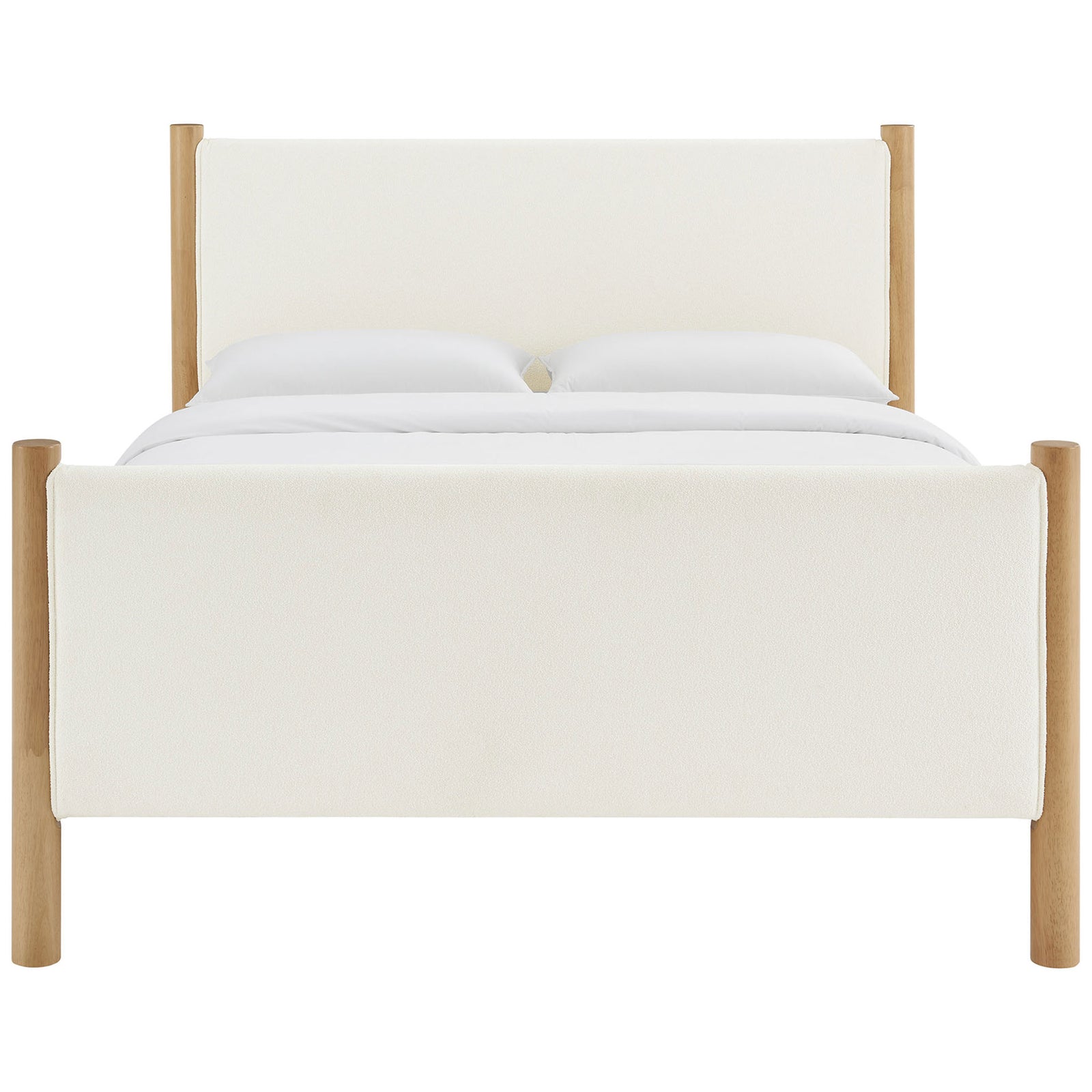 Cozy ivory boucle panels and round wood posts create a clean, modern bed with inviting warmth || MOD-7191-FEA-OAK || front_studio