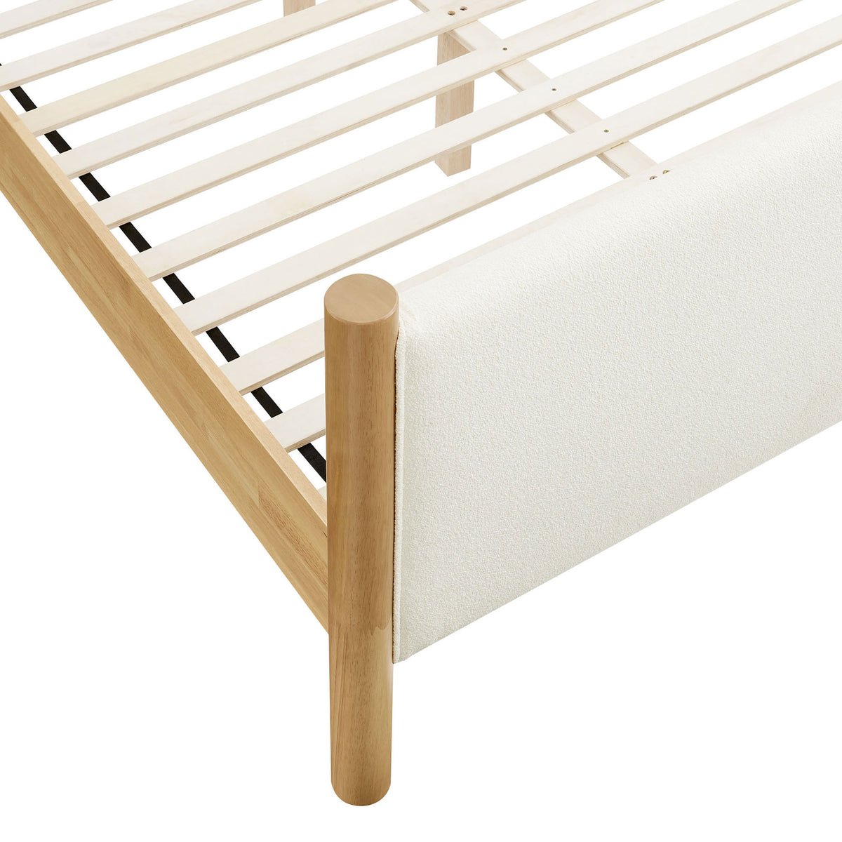 Rounded pillar leg and neatly tailored boucle upholstery with slat platform detail || MOD-7191-FEA-OAK || leg_studio