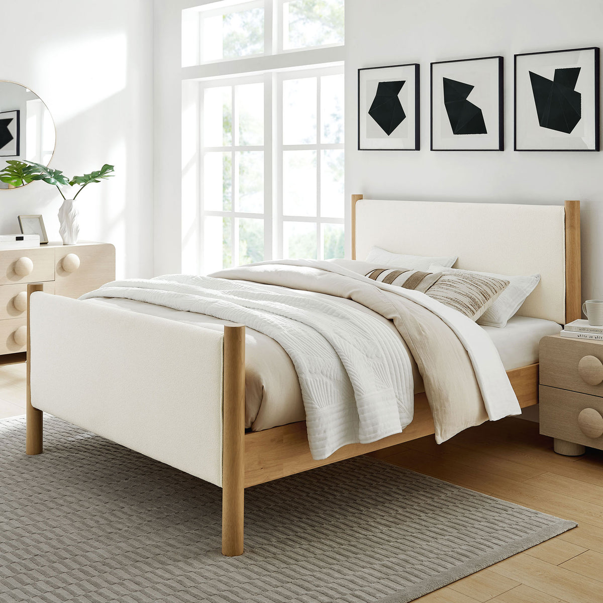 Inviting neutral bed layers complement the ivory boucle panels and warm oak posts || MOD-7191-FEA-OAK || front_angle_room