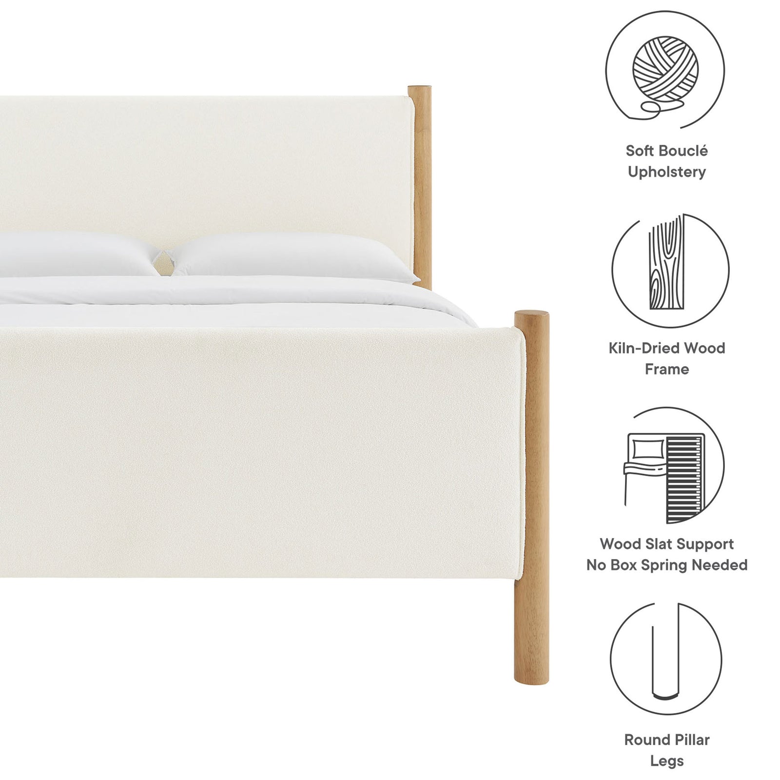 Soft boucle upholstery, kiln-dried wood frame, slat support, and rounded pillar legs highlighted || MOD-7191-FEA-OAK || callout_studio