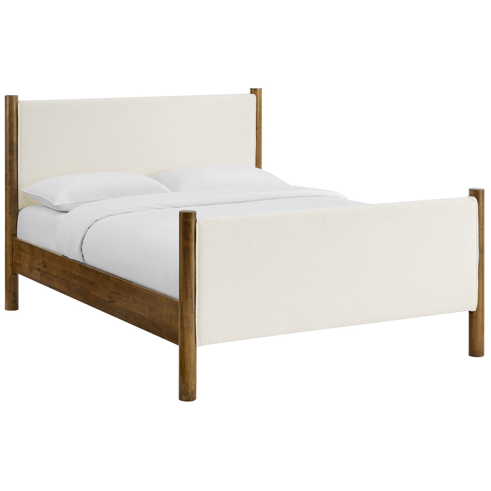 Textured ivory boucle headboard and footboard framed by warm walnut wood posts || MOD-7191-FEA-WAL || front_angle_studio