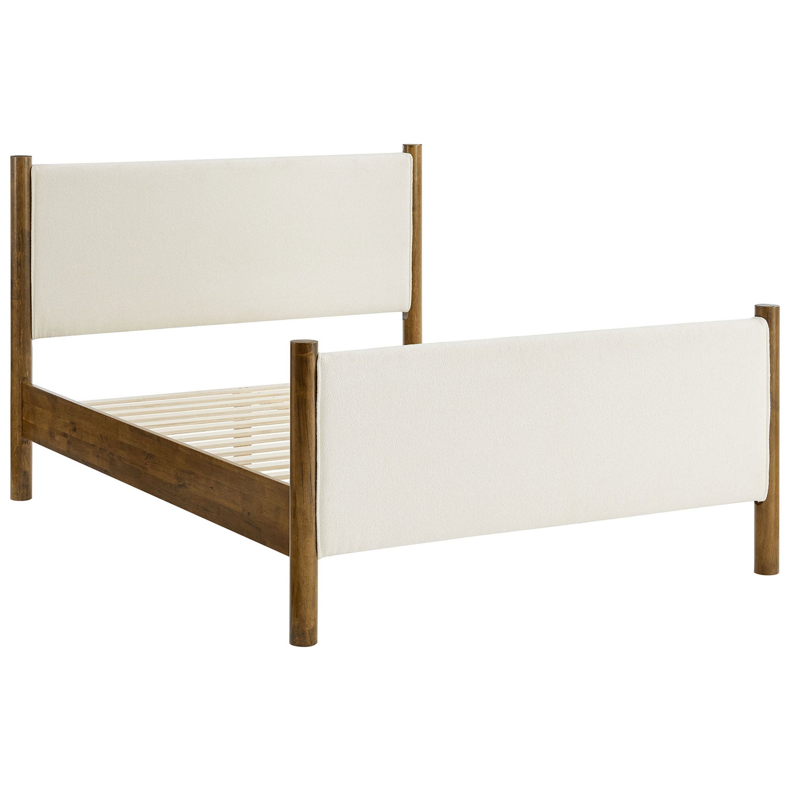 Platform bed frame with wood slat support and ivory boucle panels on a walnut finish || MOD-7191-FEA-WAL || front_angle_studio