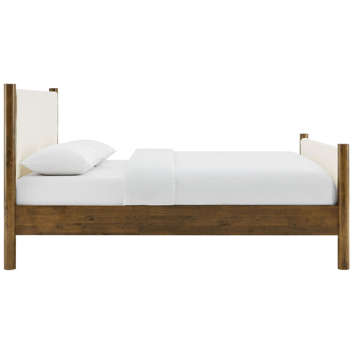 Streamlined wood frame showcases round pillar legs and plush ivory boucle upholstery || MOD-7191-FEA-WAL || side_studio