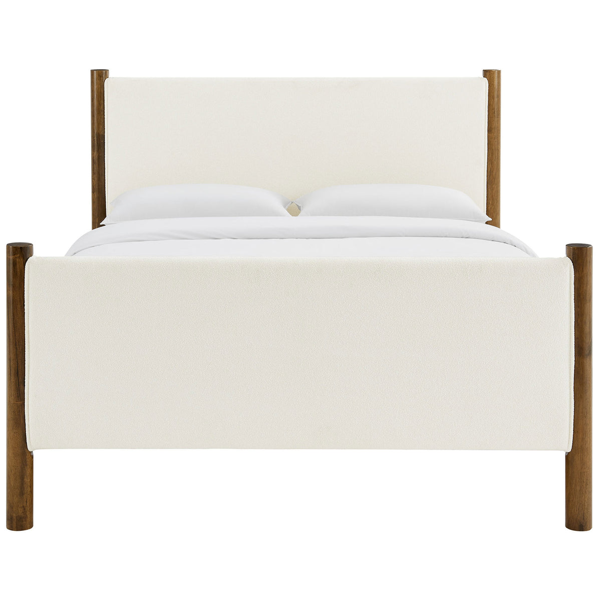 Ivory boucle panels framed by warm walnut posts create a cozy, modern platform bed || MOD-7191-FEA-WAL || front_studio