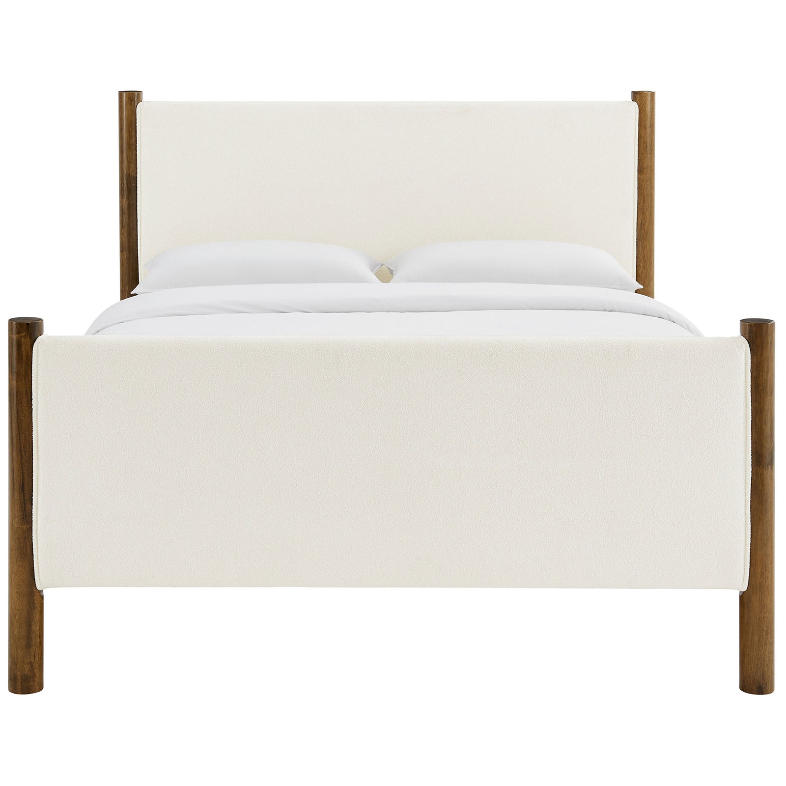Ivory boucle panels framed by warm walnut posts create a cozy, modern platform bed || MOD-7191-FEA-WAL || front_studio