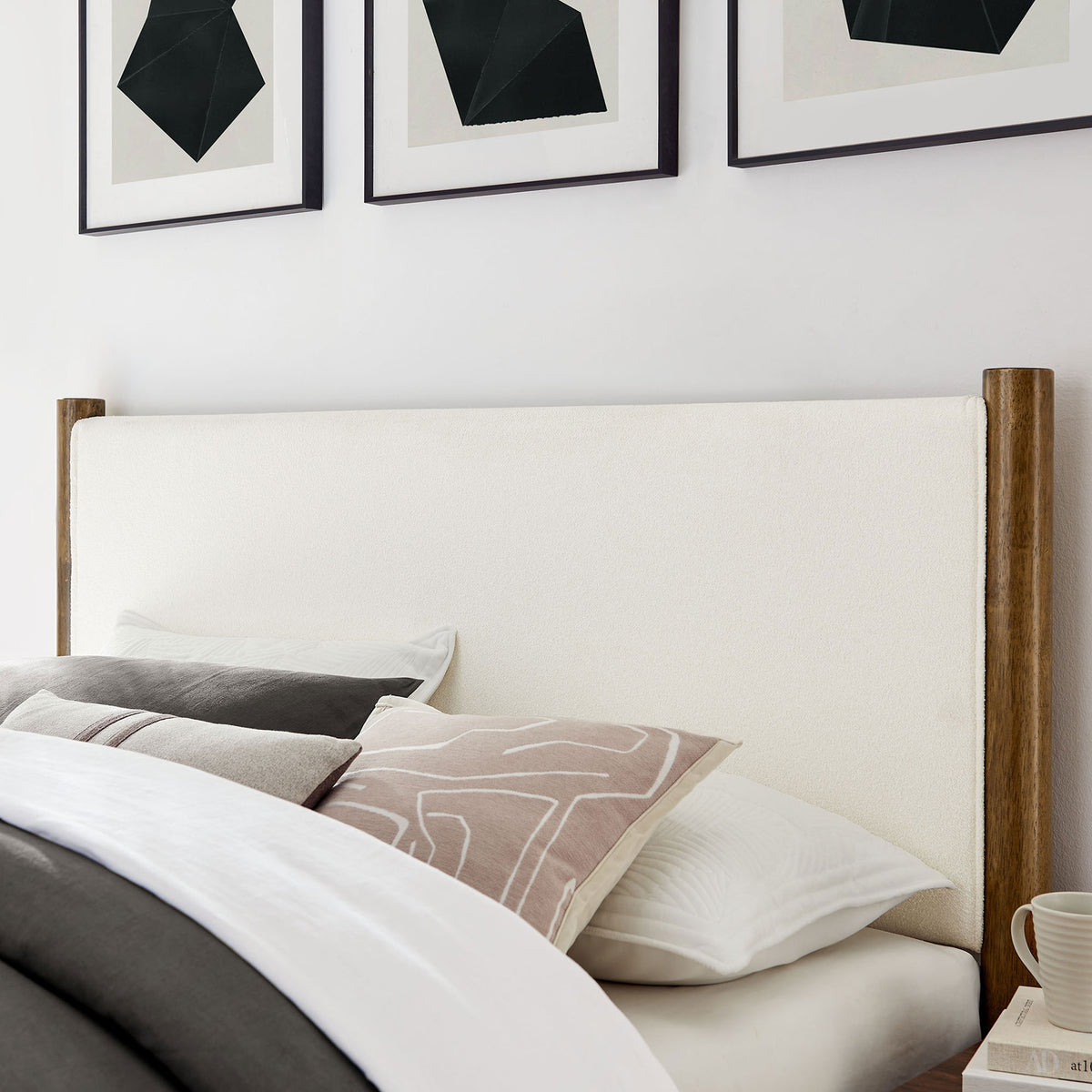 Plush ivory boucle headboard pairs with rounded walnut posts for a refined, cozy feel || MOD-7191-FEA-WAL || detail_room