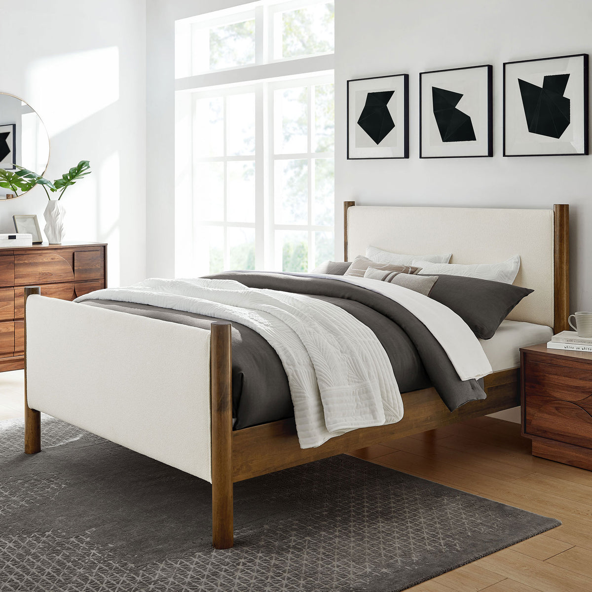 Warm walnut frame and ivory boucle panels elevate any bedroom with inviting, modern style || MOD-7191-FEA-WAL || front_angle_room