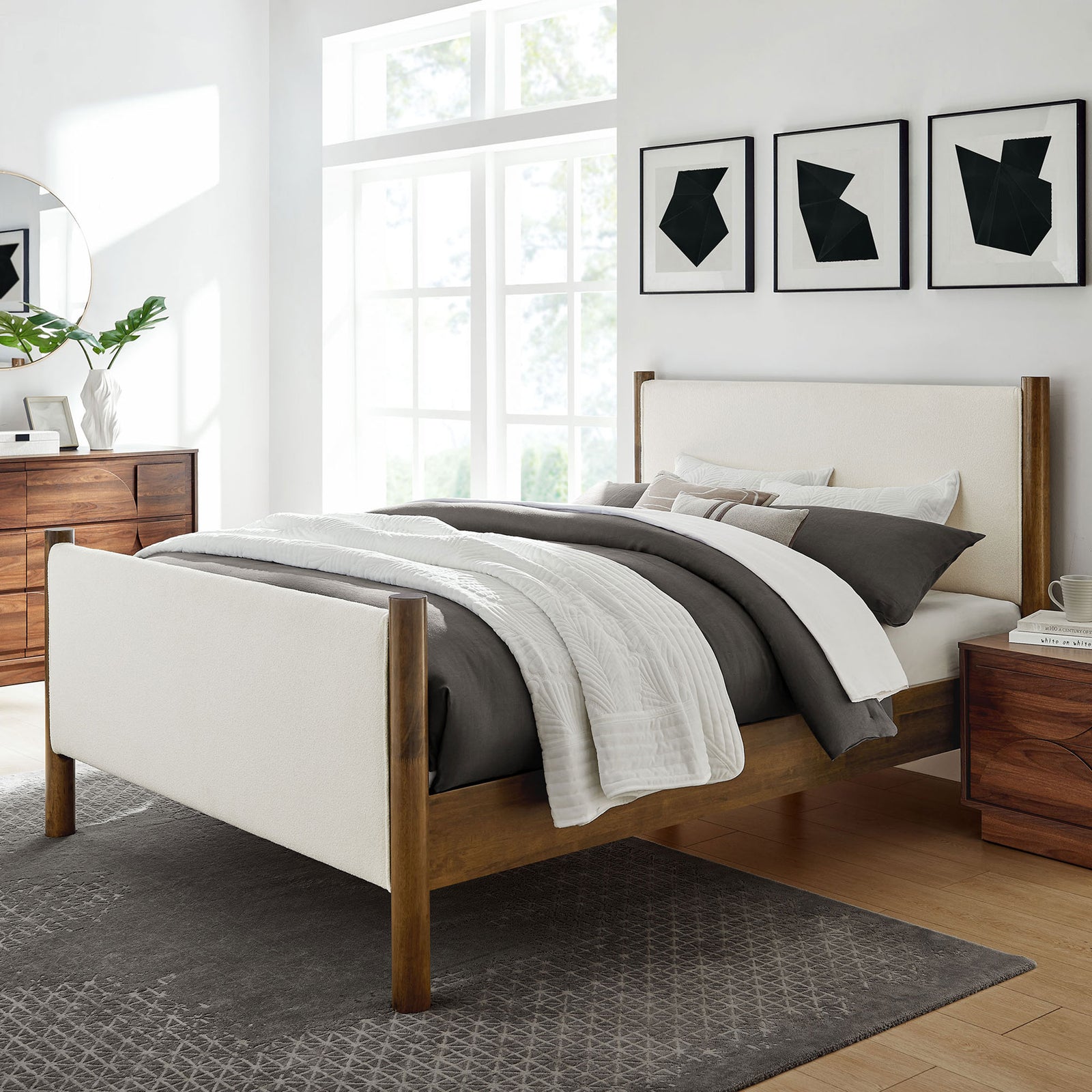 Warm walnut frame and ivory boucle panels elevate any bedroom with inviting, modern style || MOD-7191-FEA-WAL || front_angle_room