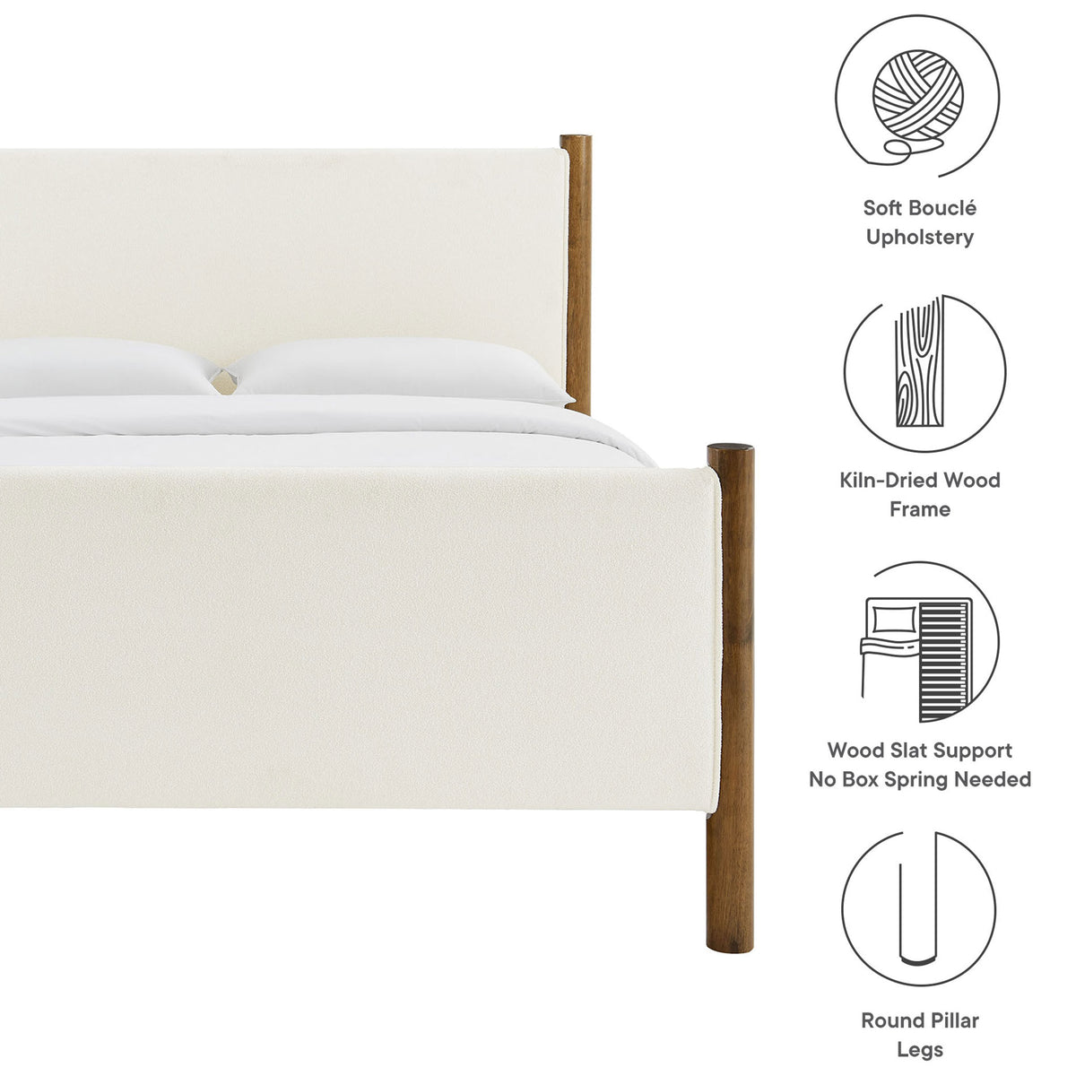 Soft boucle upholstery, kiln-dried wood frame, slat support, and round pillar legs highlighted || MOD-7191-FEA-WAL || callout_studio