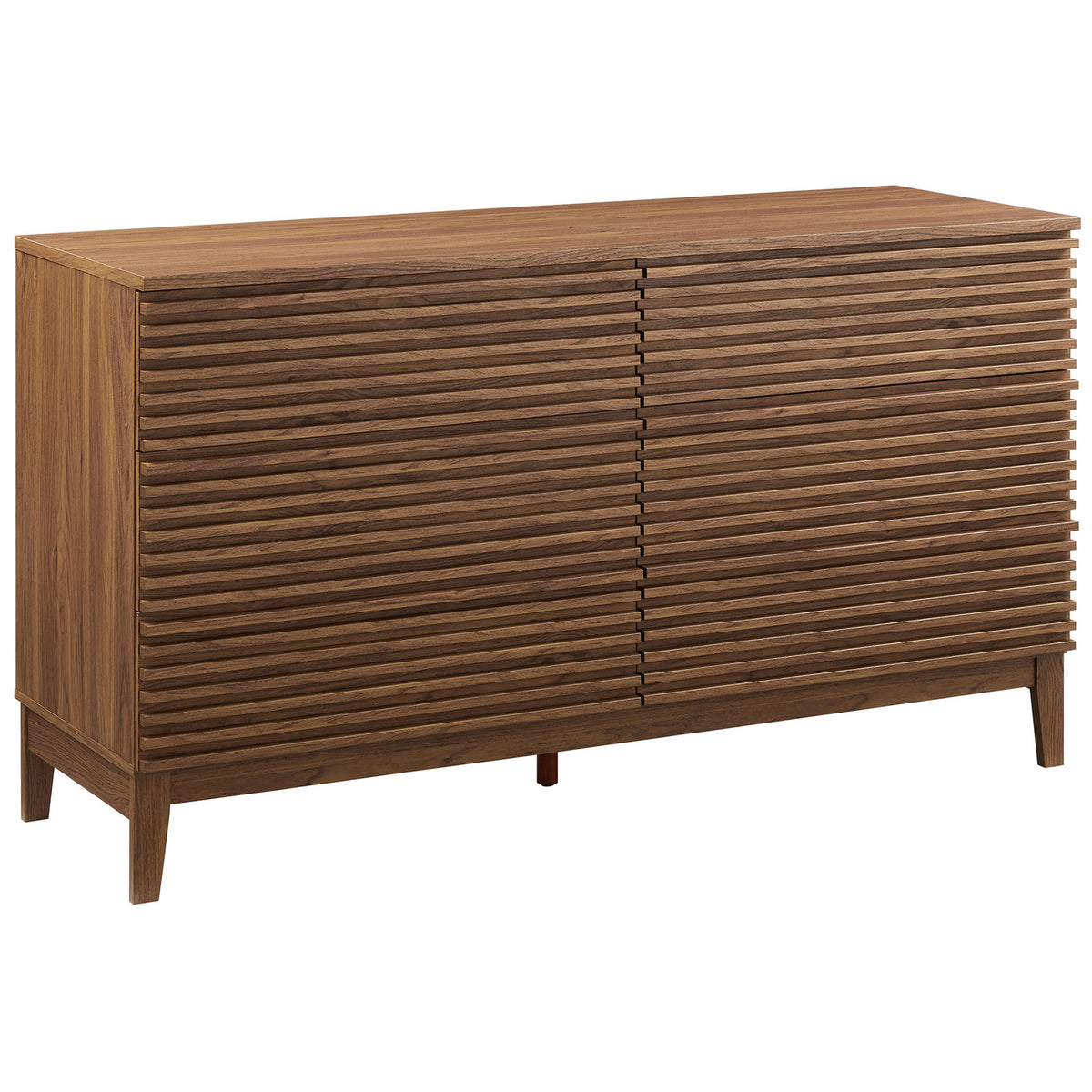 Mid-century walnut dresser combines horizontal slats and tapered legs for a sleek statement piece. || MOD-7200-WAL || front_angle_studio