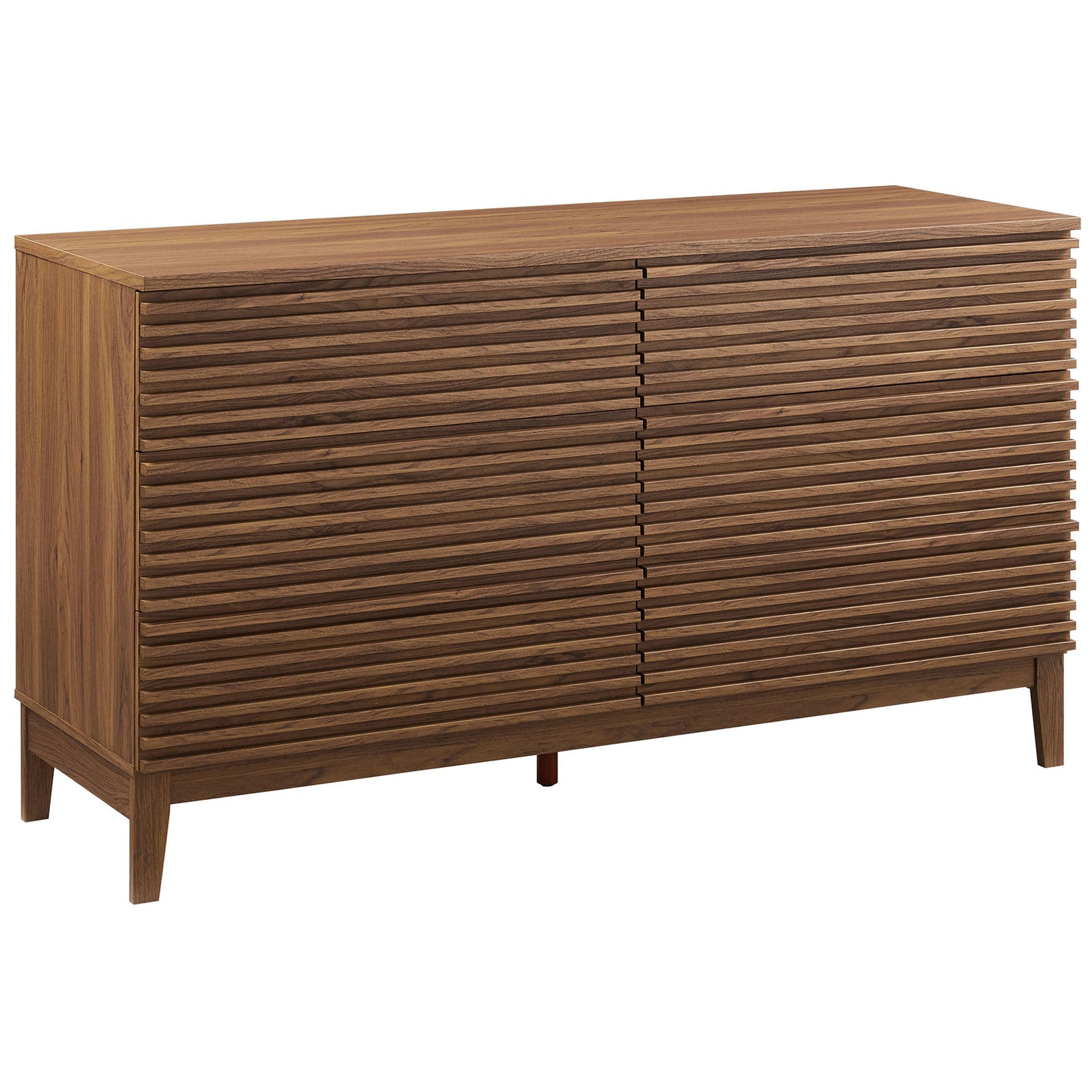 Mid-century walnut dresser combines horizontal slats and tapered legs for a sleek statement piece. || MOD-7200-WAL || front_angle_studio