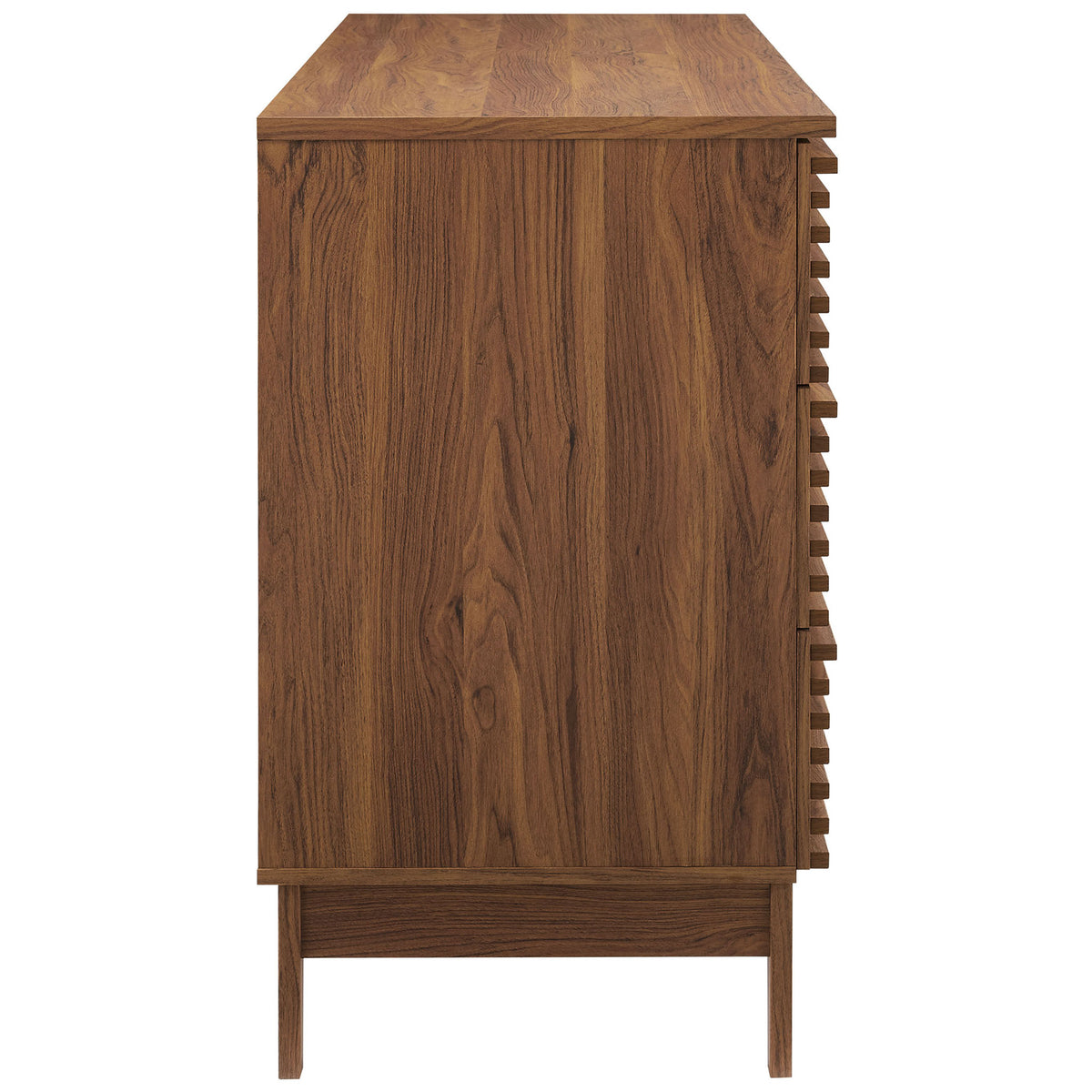 Continuous walnut grain wraps the dresser sides, paired with sturdy tapered wood legs. || MOD-7200-WAL || side_studio