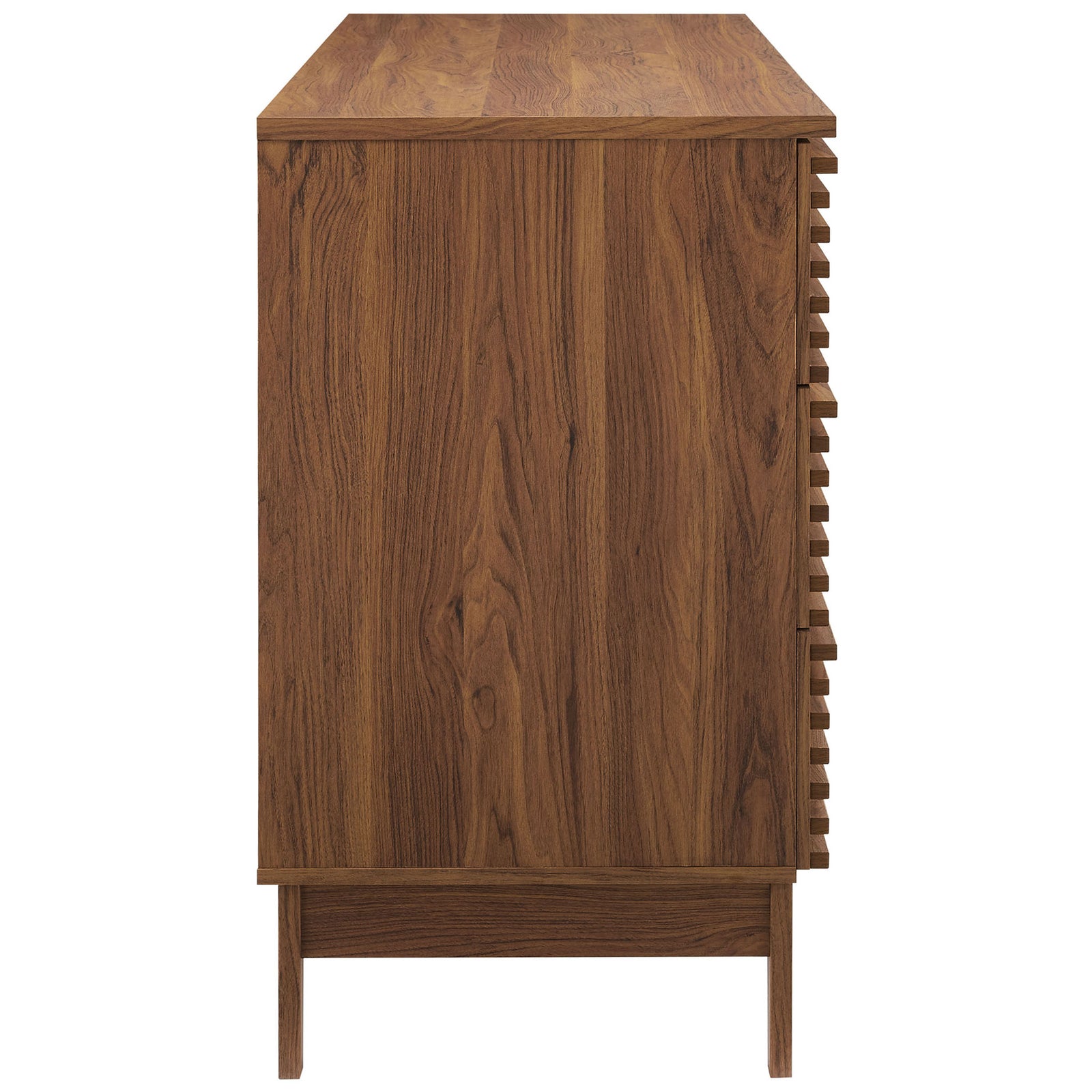Continuous walnut grain wraps the dresser sides, paired with sturdy tapered wood legs. || MOD-7200-WAL || side_studio