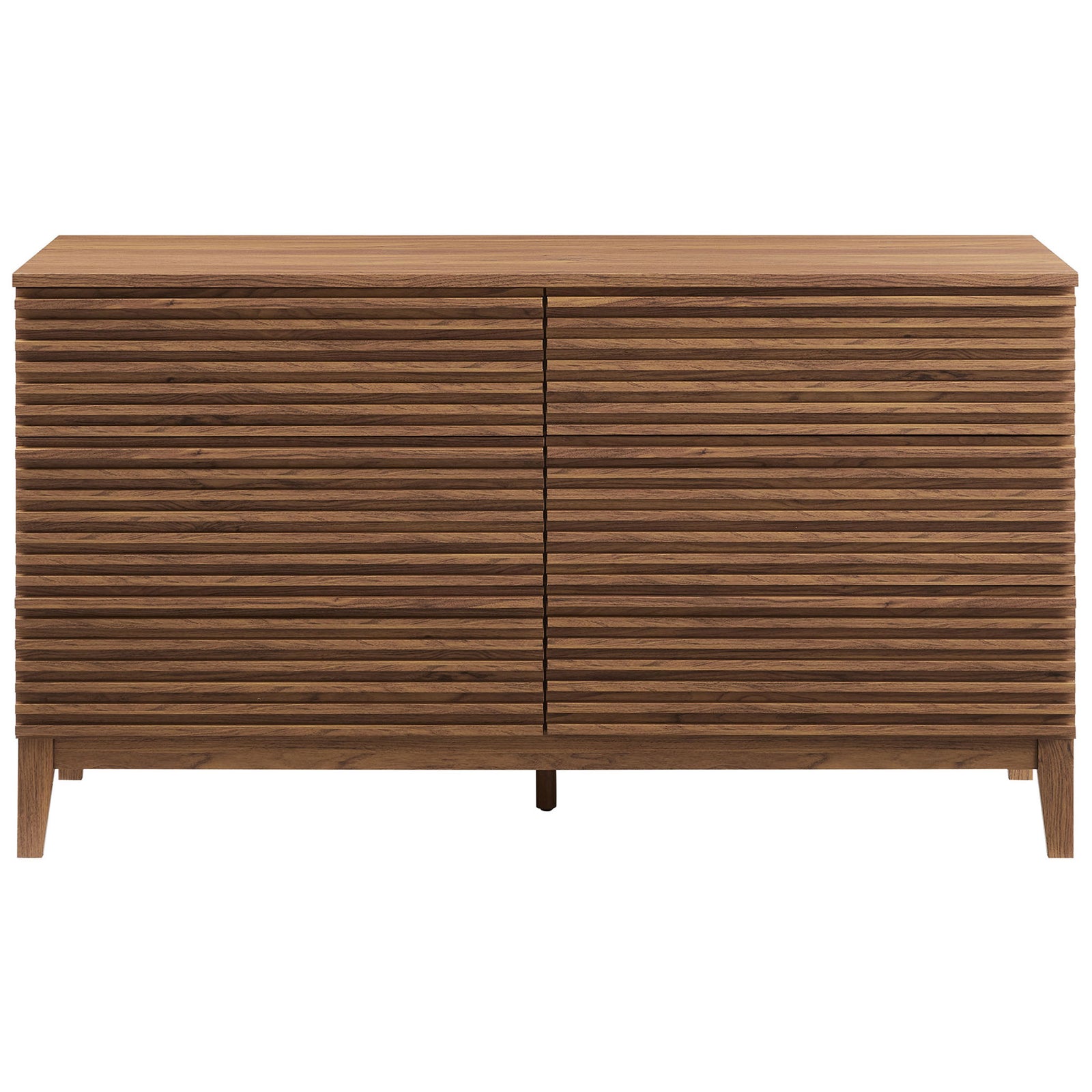 Wide slatted walnut dresser offers six spacious drawers in a streamlined modern profile. || MOD-7200-WAL || front_studio