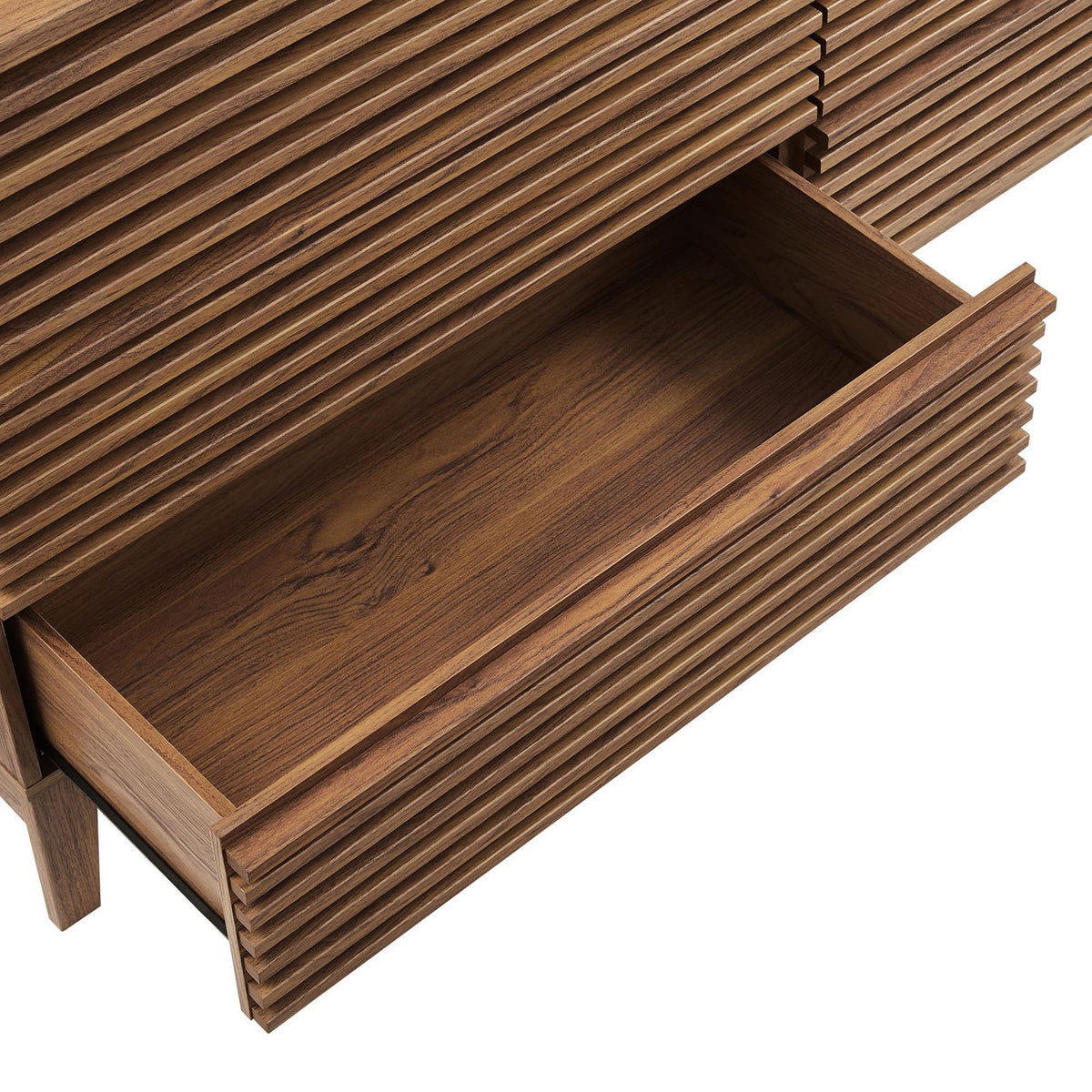 Deep drawer reveals full-extension glides and natural walnut wood grain interior. || MOD-7200-WAL || storage_open_studio