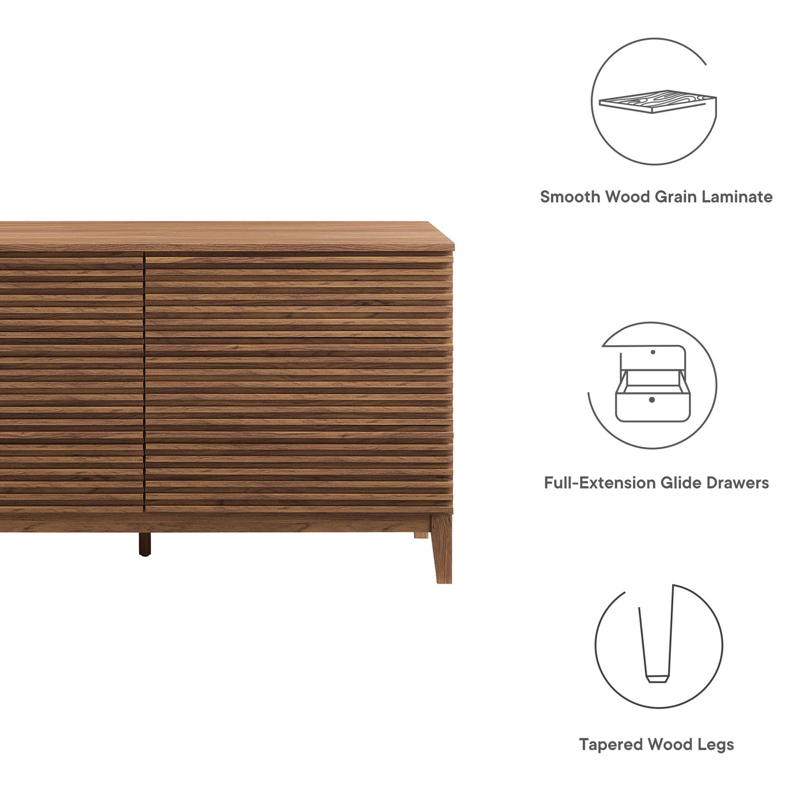 Graphic callouts spotlight smooth laminate surface, glide drawers, and tapered leg design. || MOD-7200-WAL || callout_studio