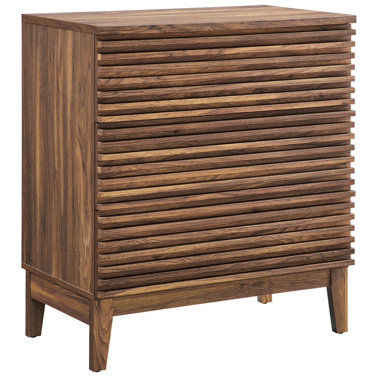 Warm walnut chest with slatted drawers and tapered legs for a sleek mid-century accent || MOD-7201-WAL || front_angle_studio