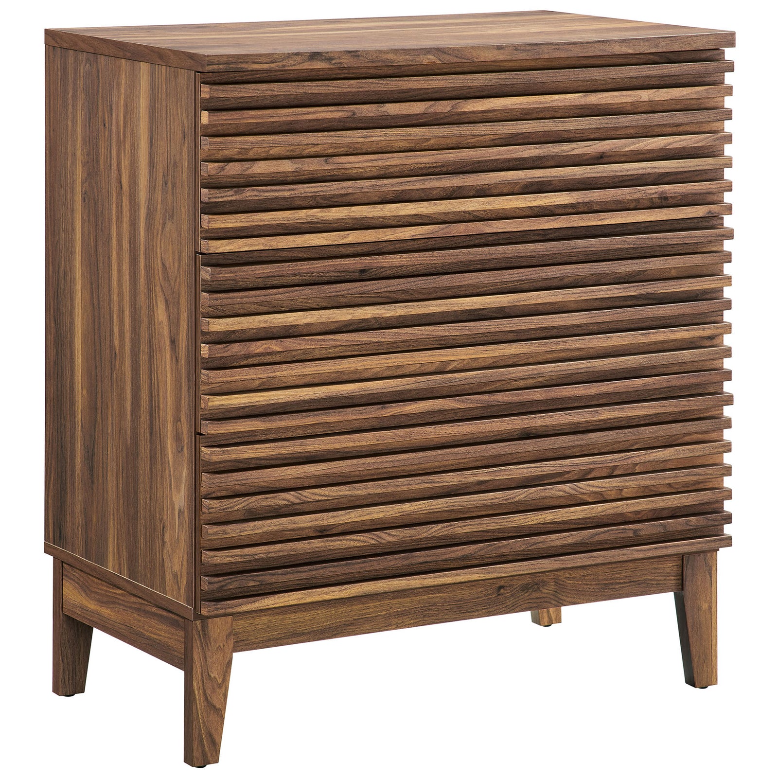 Warm walnut chest with slatted drawers and tapered legs for a sleek mid-century accent || MOD-7201-WAL || front_angle_studio