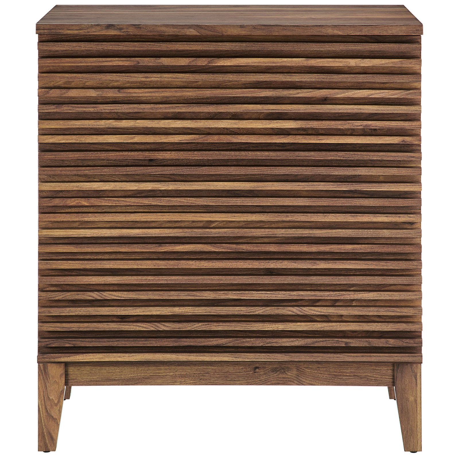 Walnut nightstand with bold horizontal slatted drawers and clean mid-century silhouette || MOD-7201-WAL || front_studio