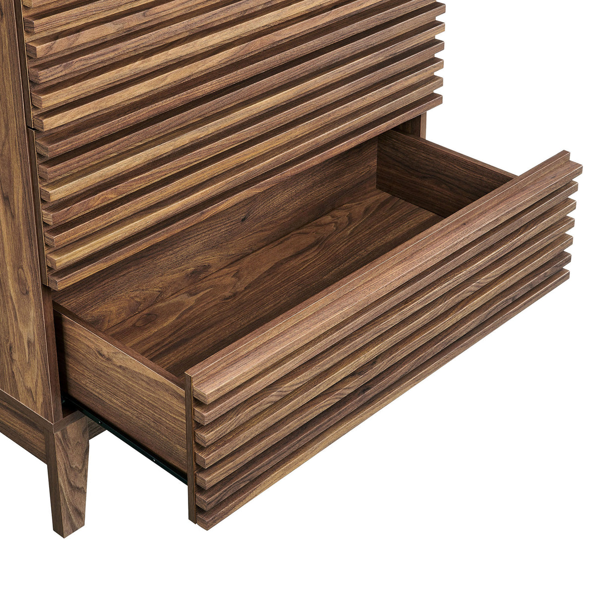 Spacious full-extension drawer reveals smooth wood interior and bold slatted front detail || MOD-7201-WAL || storage_open_studio