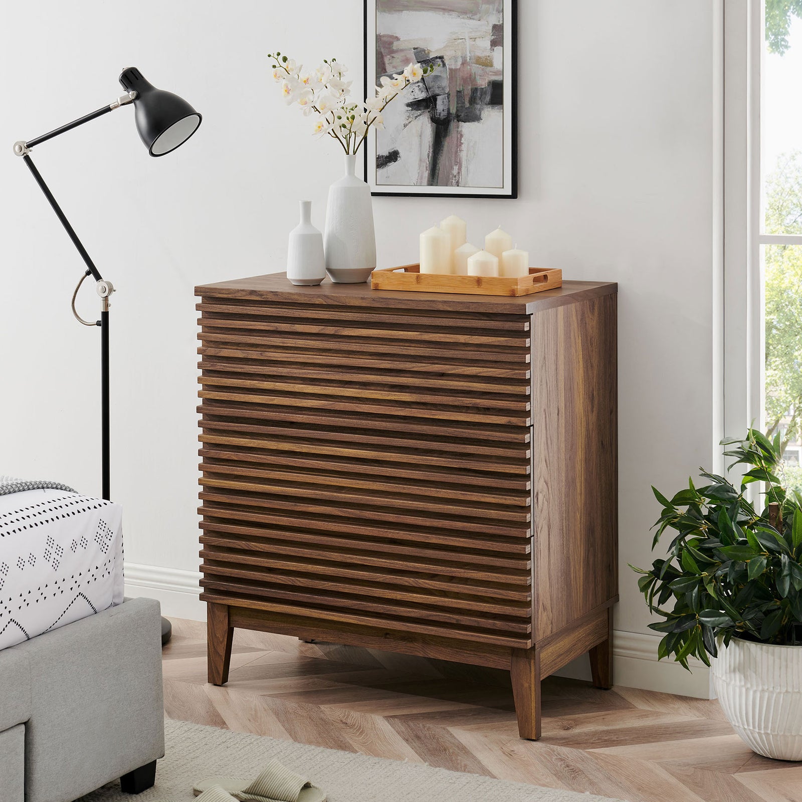 Walnut nightstand anchors the bedroom with generous storage and a sculptural slatted facade || MOD-7201-WAL || front_angle_room