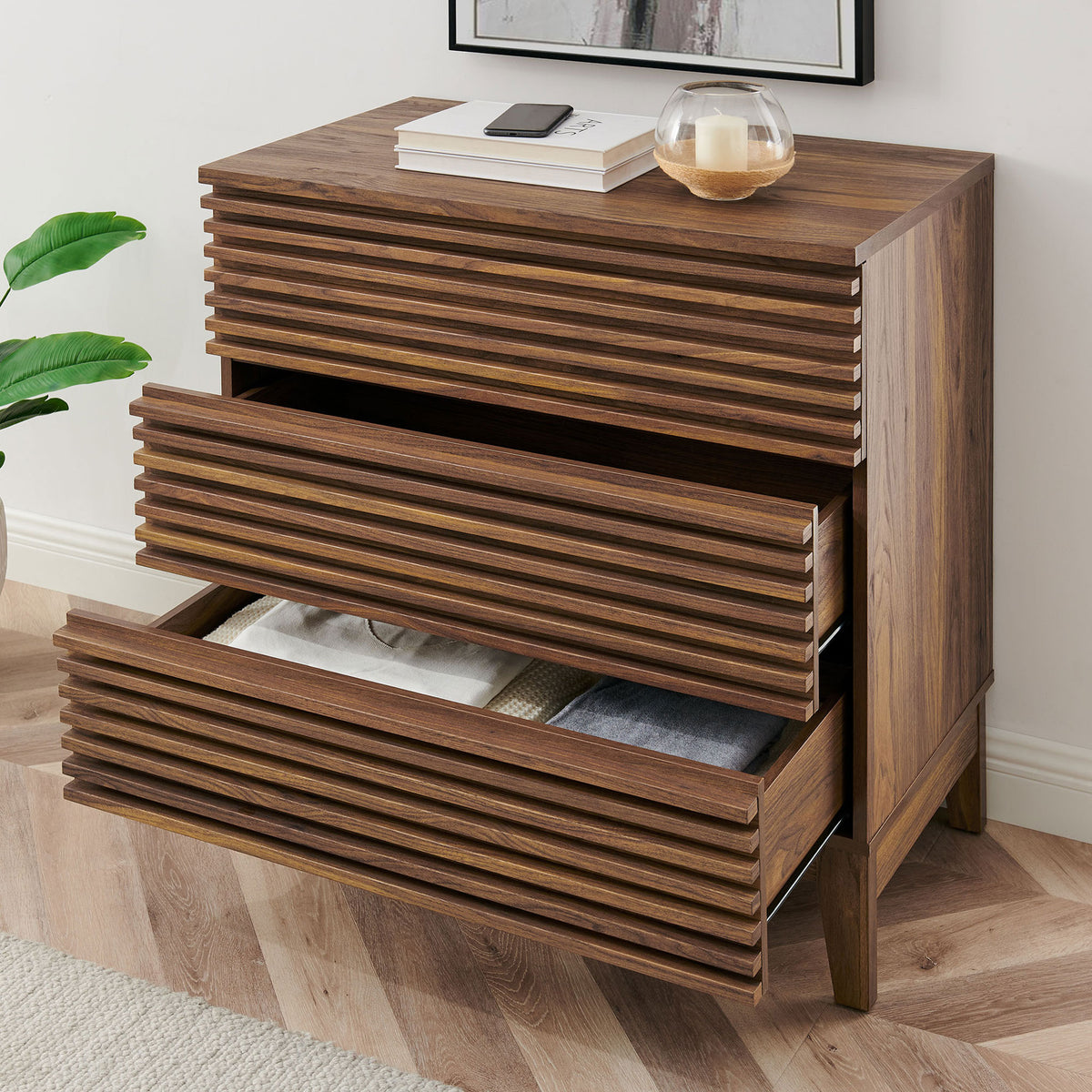 Open drawers showcase generous storage space for clothing, linens, and bedroom essentials || MOD-7201-WAL || front_angle_open_room