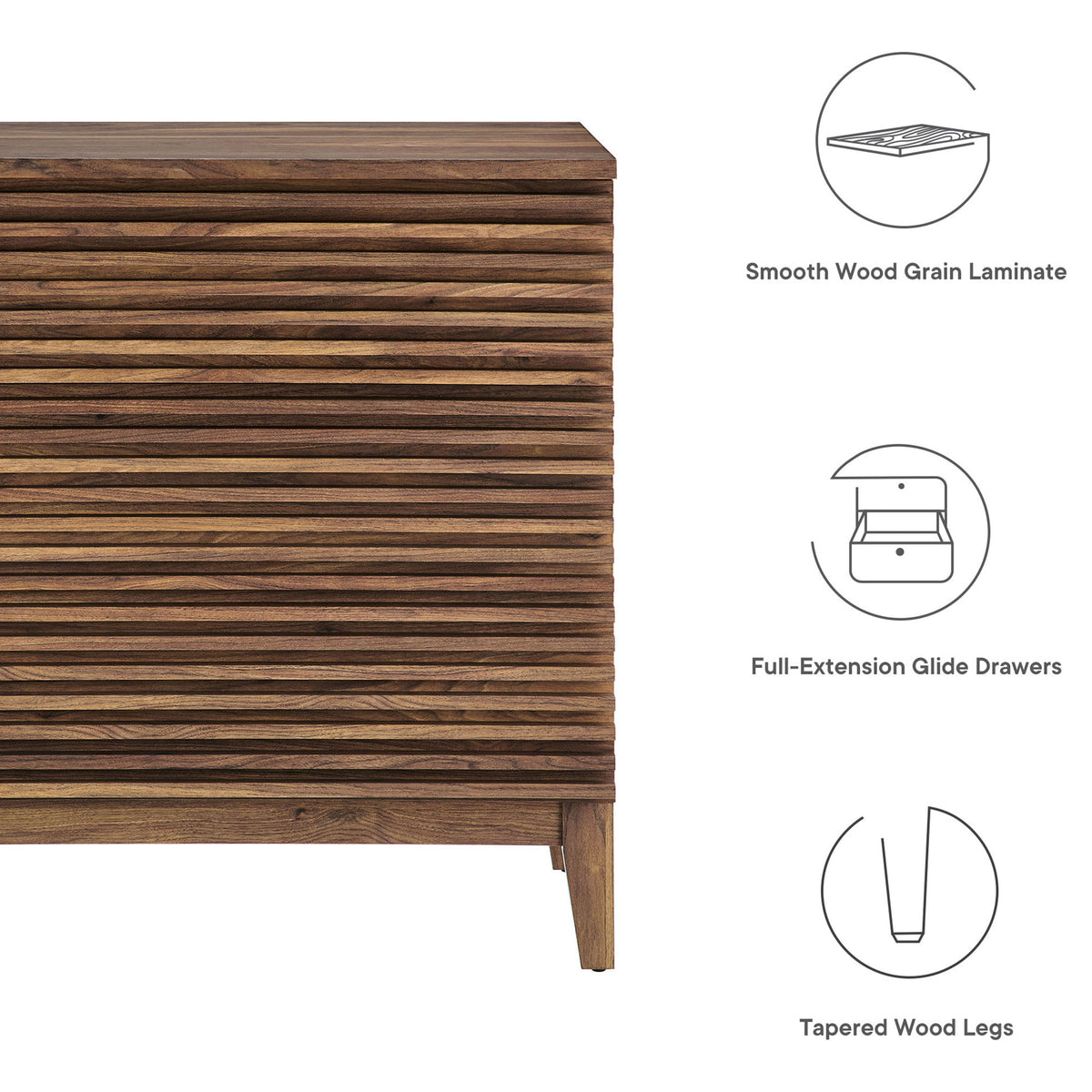 Feature callouts highlight smooth wood grain laminate, full-extension drawers, and tapered wood legs || MOD-7201-WAL || callout_studio