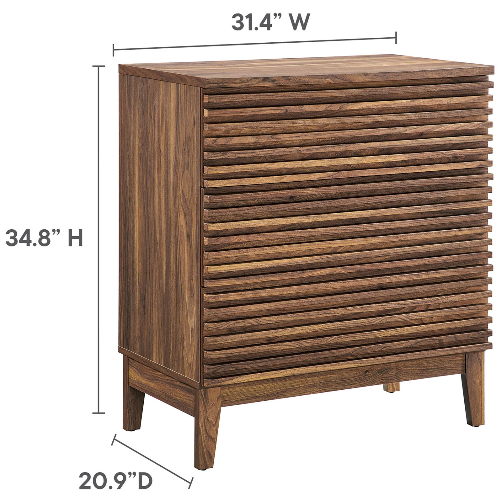 Dimension diagram shows the nightstand's compact footprint and tall profile for flexible placement || MOD-7201-WAL || dimension_studio