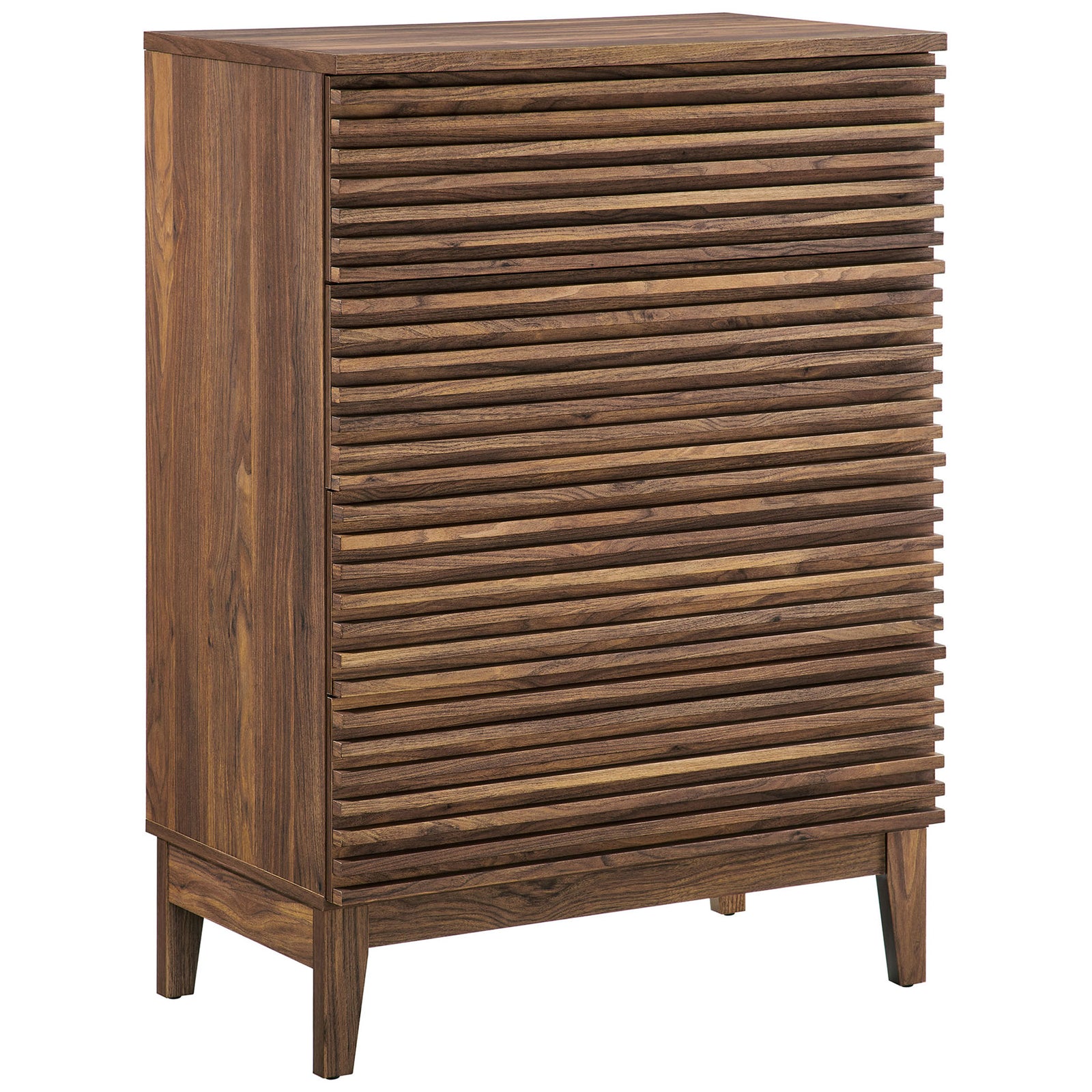 Walnut 4-drawer chest with slatted fronts and tapered legs for a clean mid-century look || MOD-7202-WAL || front_angle_studio
