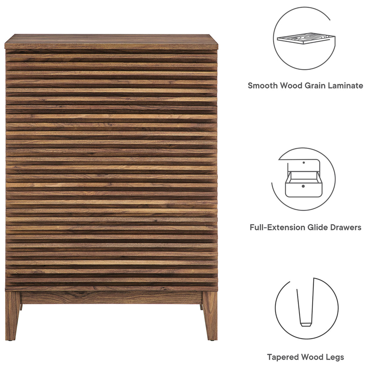Feature graphic highlighting smooth wood grain laminate, full-extension drawers, and tapered legs || MOD-7202-WAL || callout_studio