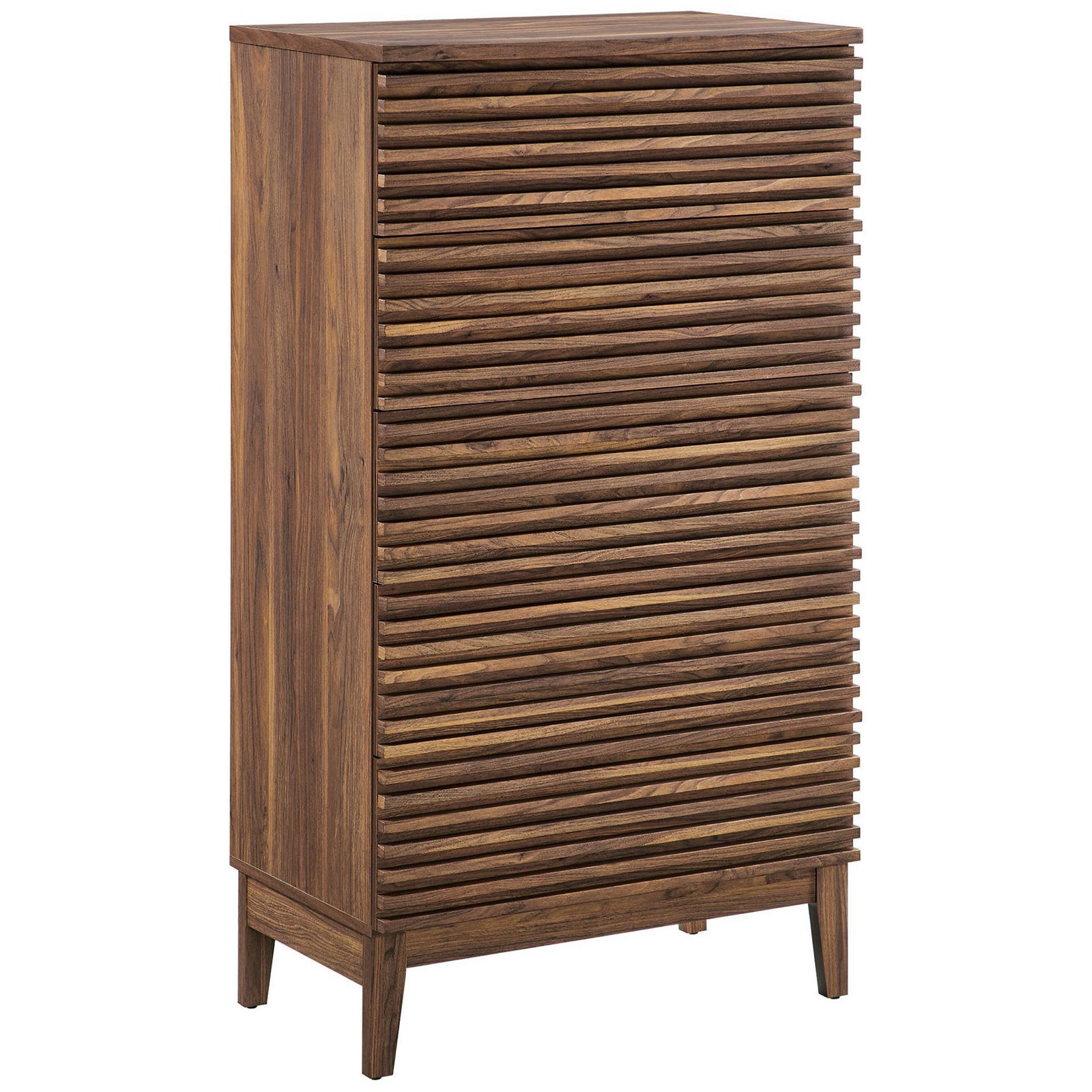 Textured walnut chest showcasing rich wood grain and five spacious drawers for streamlined storage. || MOD-7203-WAL || front_angle_studio
