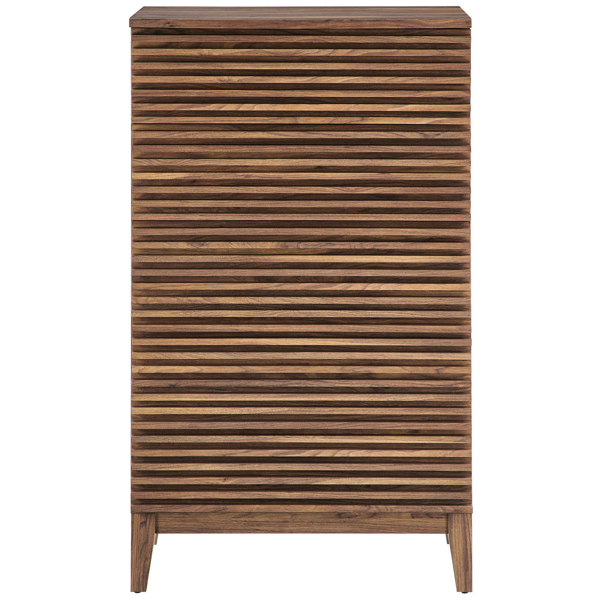 Walnut 5-drawer chest with fluted slatted front and slim tapered legs for a warm mid-century look. || MOD-7203-WAL || front_studio