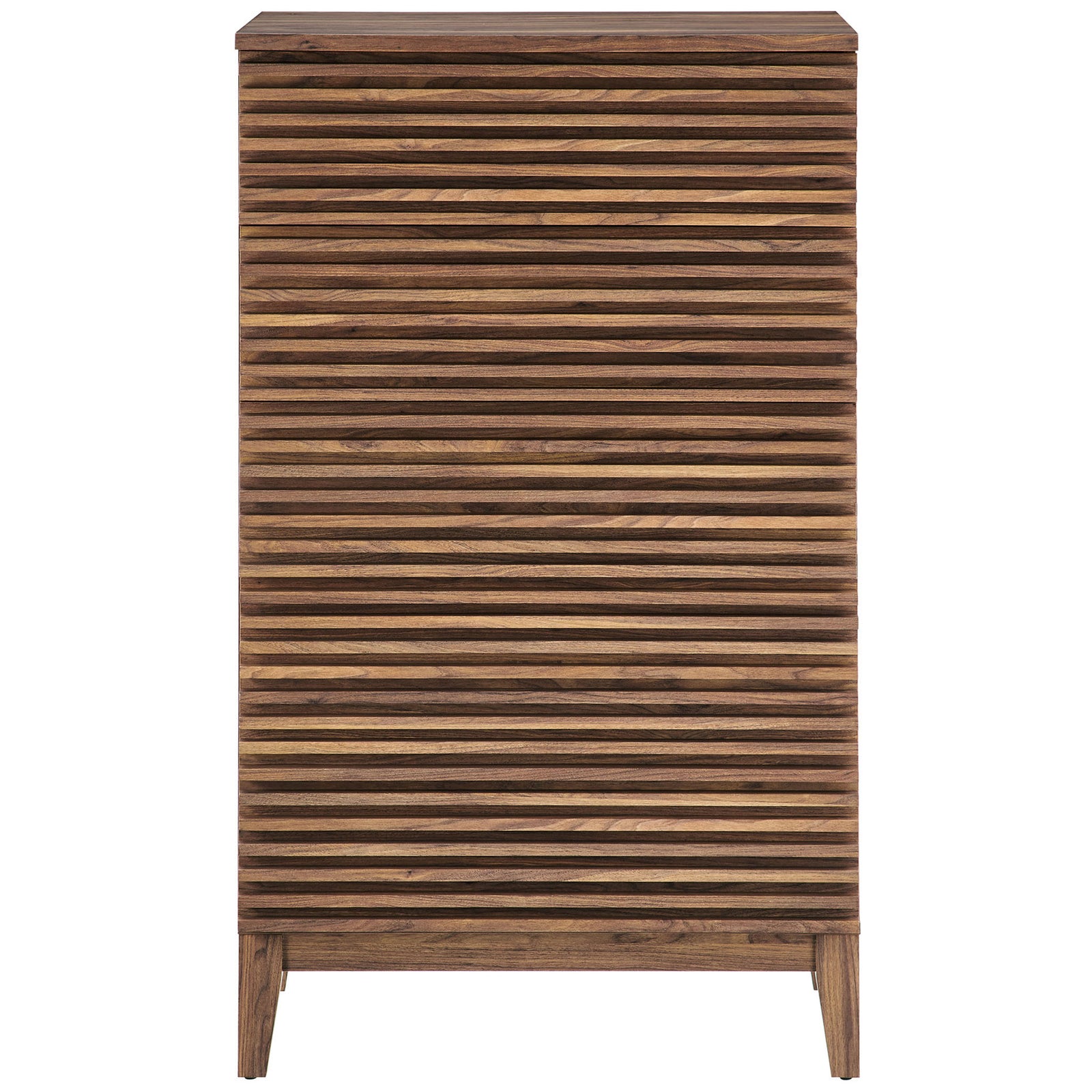 Walnut 5-drawer chest with fluted slatted front and slim tapered legs for a warm mid-century look. || MOD-7203-WAL || front_studio