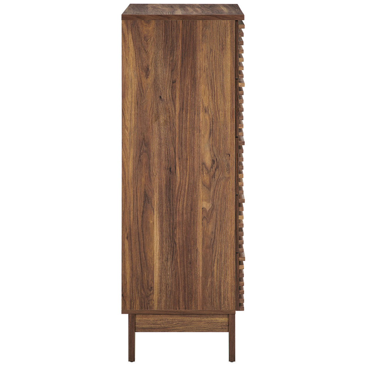 Sleek side profile of the walnut chest highlighting clean lines and smooth, vertical wood grain. || MOD-7203-WAL || side_studio